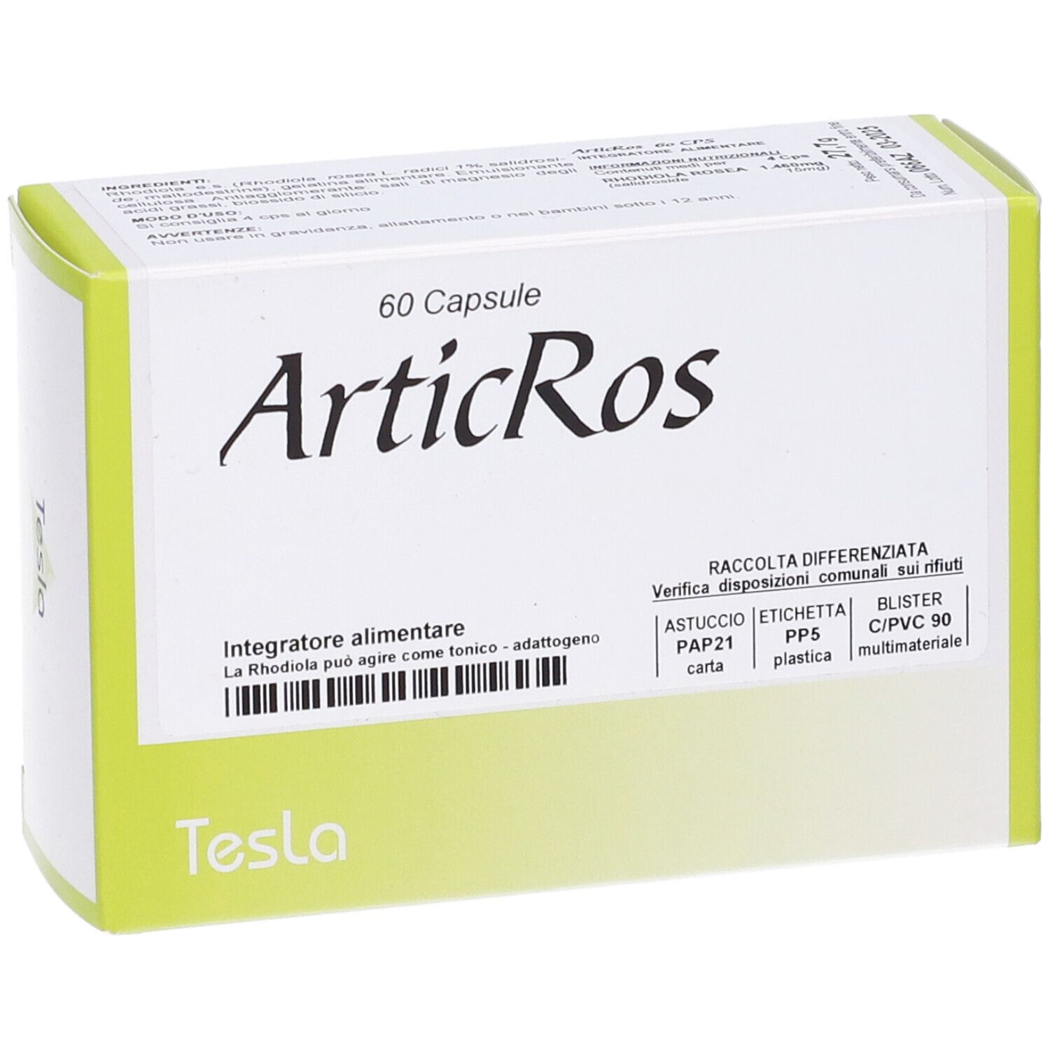 Scatola di 60 capsule ArticRos. Marchio Tesla. Confezione verde e bianca.