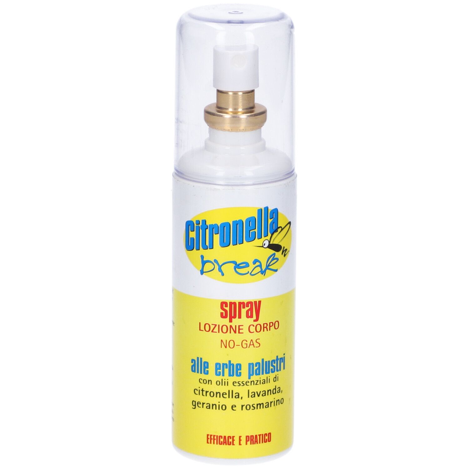 Flacone spray cilindrico con etichetta gialla. Scritta: Citronella Break Spray, alle erbe palustri. Tappo trasparente.