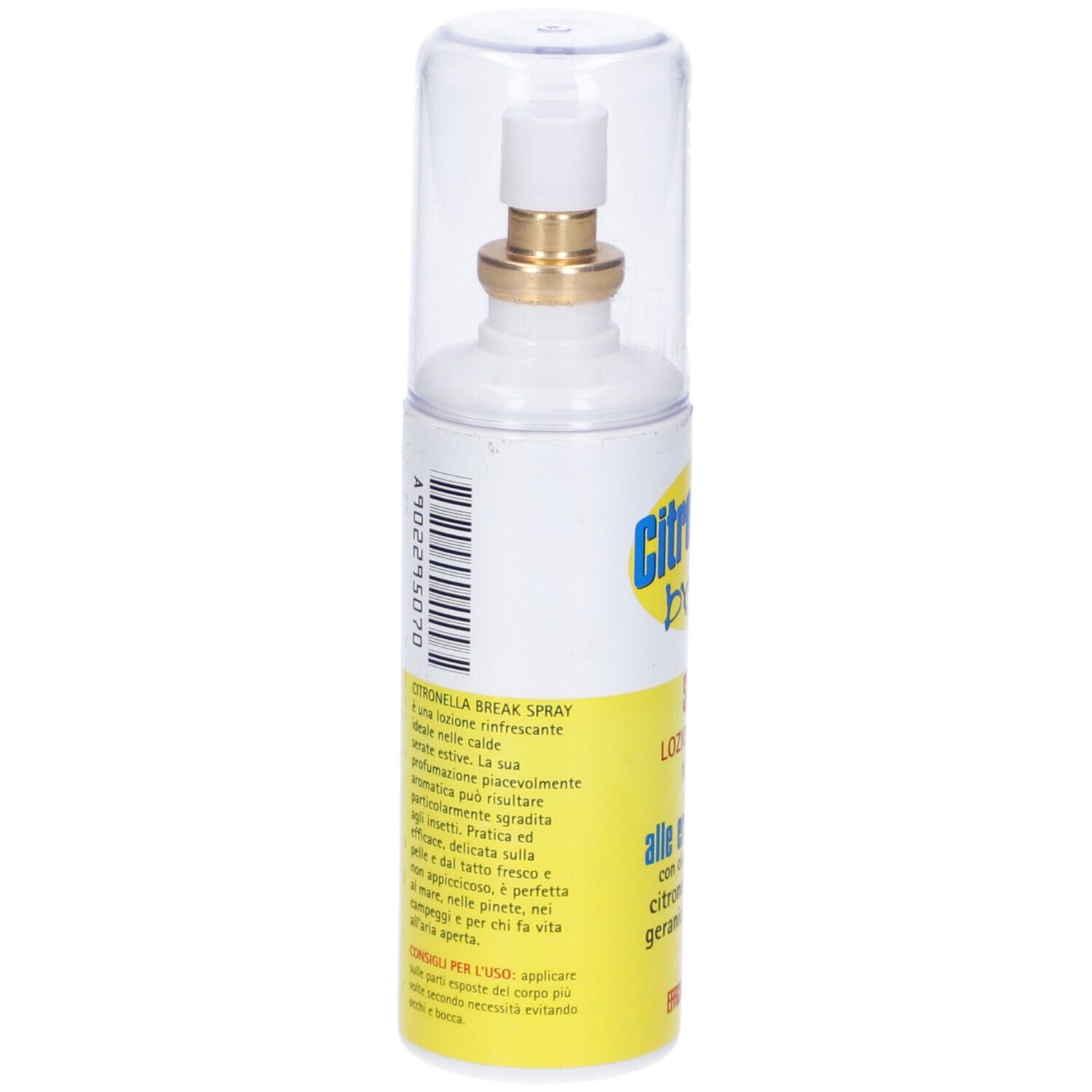 Flacone spray cilindrico con etichetta gialla. Scritta: Citronella Break Spray, alle erbe palustri. Tappo trasparente.