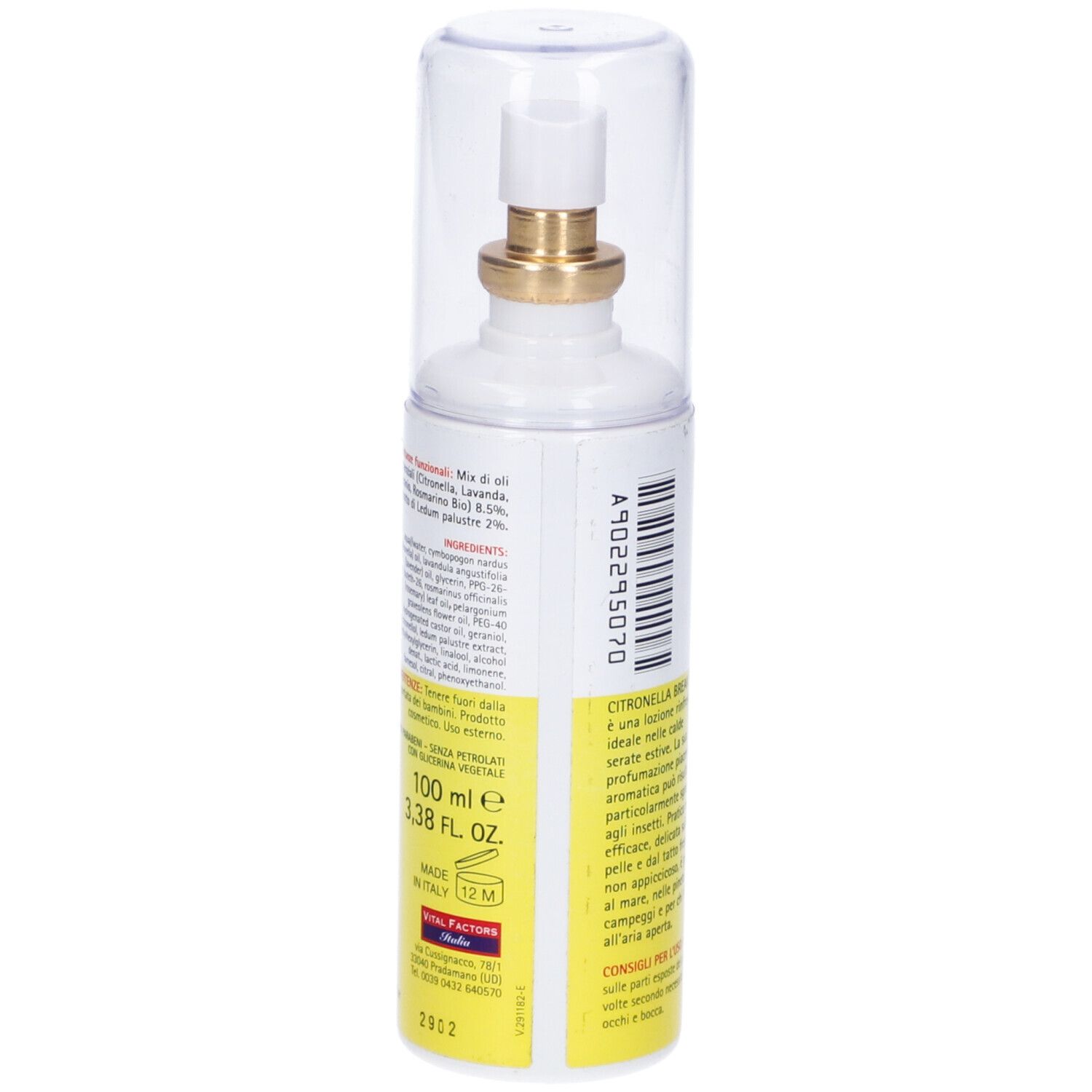 Flacone spray cilindrico con etichetta gialla. Scritta: Citronella Break Spray, alle erbe palustri. Tappo trasparente.