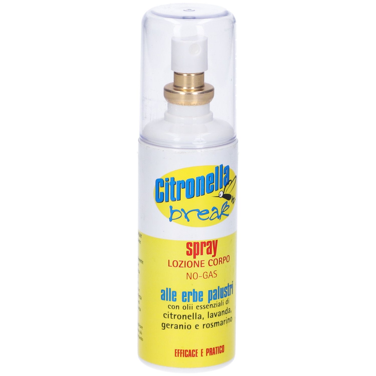 Flacone spray cilindrico con etichetta gialla. Scritta: Citronella Break Spray, alle erbe palustri. Tappo trasparente.