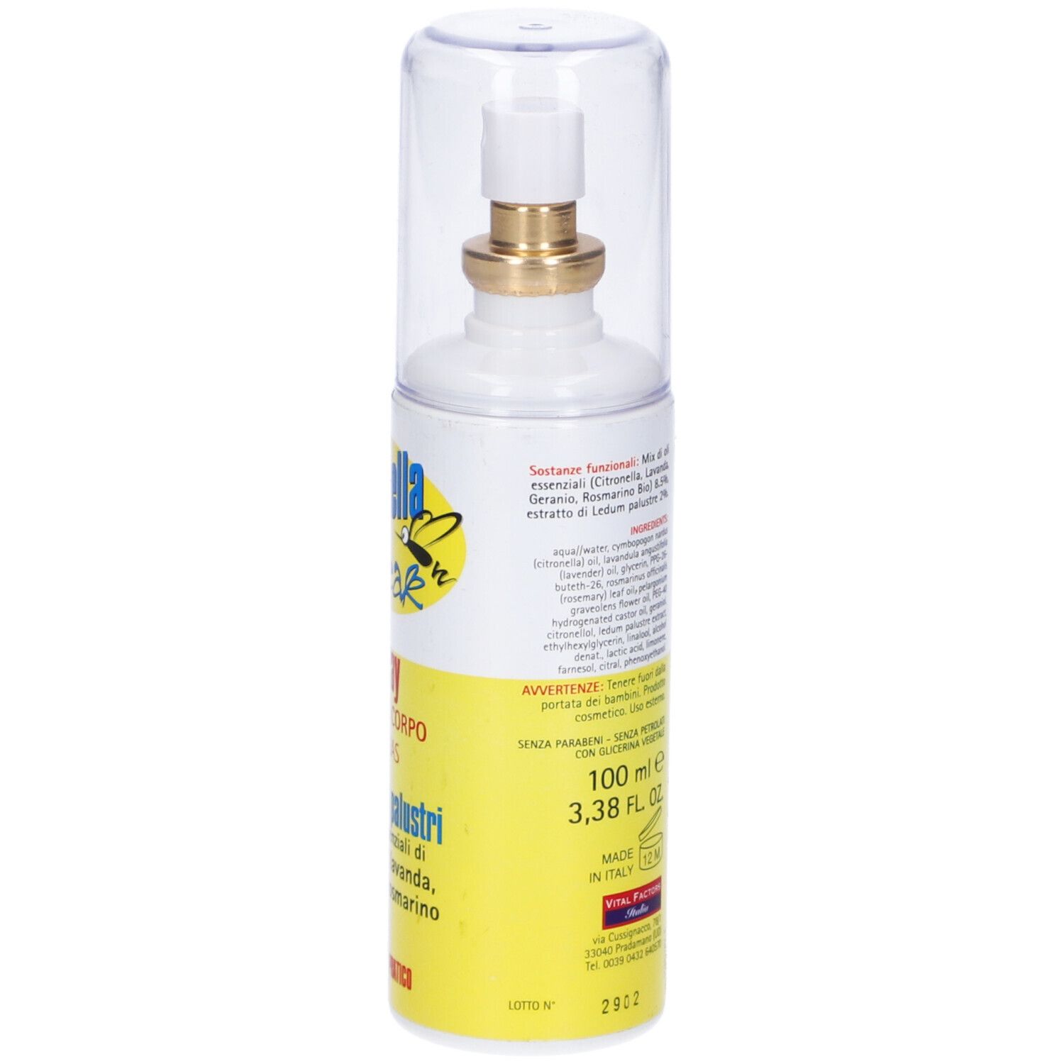 Flacone spray cilindrico con etichetta gialla. Scritta: Citronella Break Spray, alle erbe palustri. Tappo trasparente.