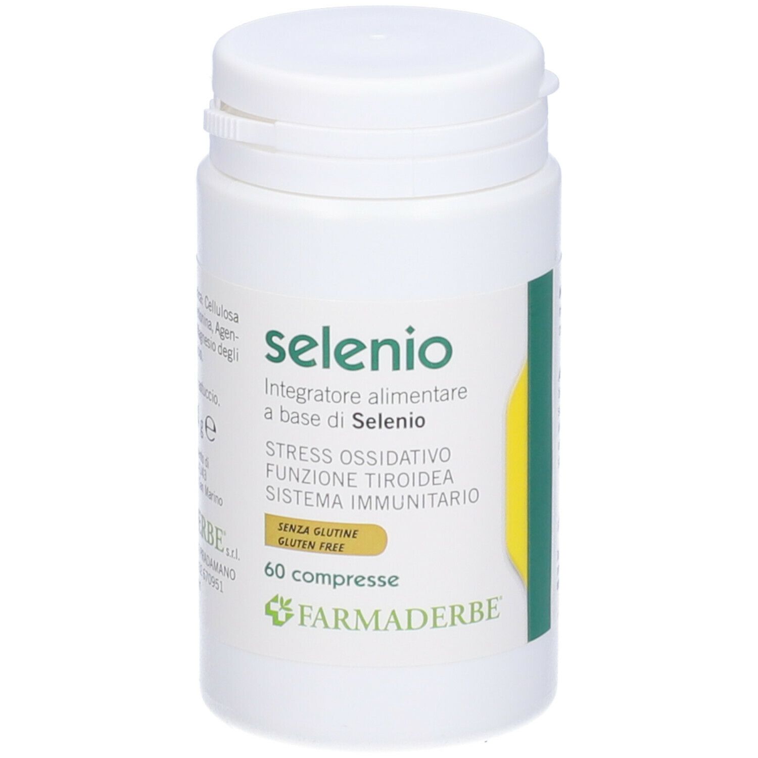 Flacone bianco di Selenio. Scritto: Integratore alimentare a base di Selenio, 60 compresse, senza glutine. Logo Farmaderbe.
