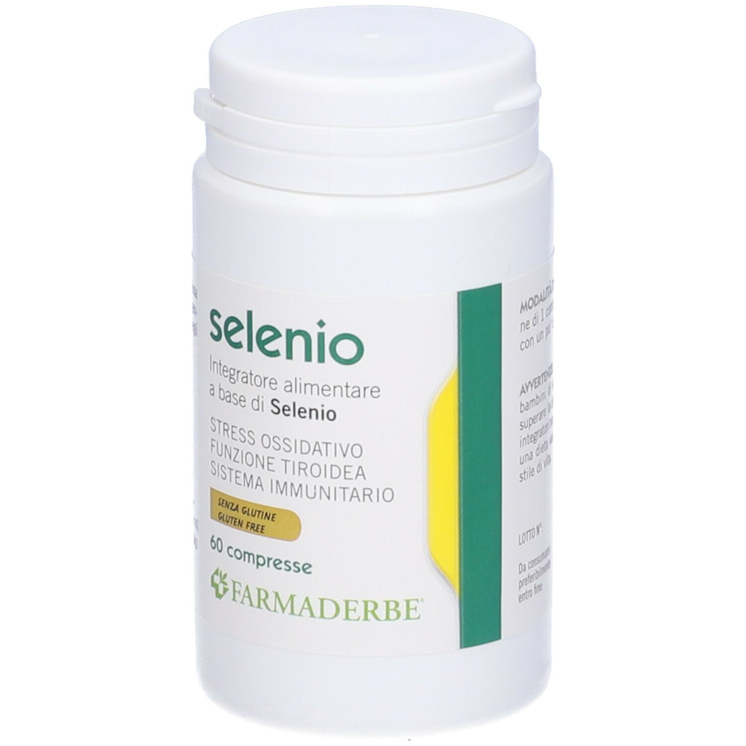 Flacone bianco Selenio. Scritto: Integratore alimentare a base di Selenio, 60 compresse, senza glutine. Logo Farmaderbe.