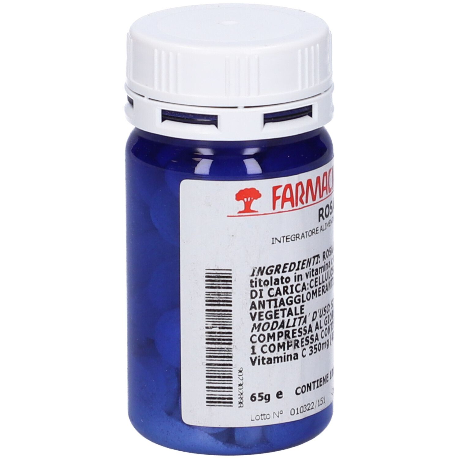 Flacone blu di compresse con tappo bianco. Scritta: Farmacia Legnani. Codice a barre e testo sul lato.