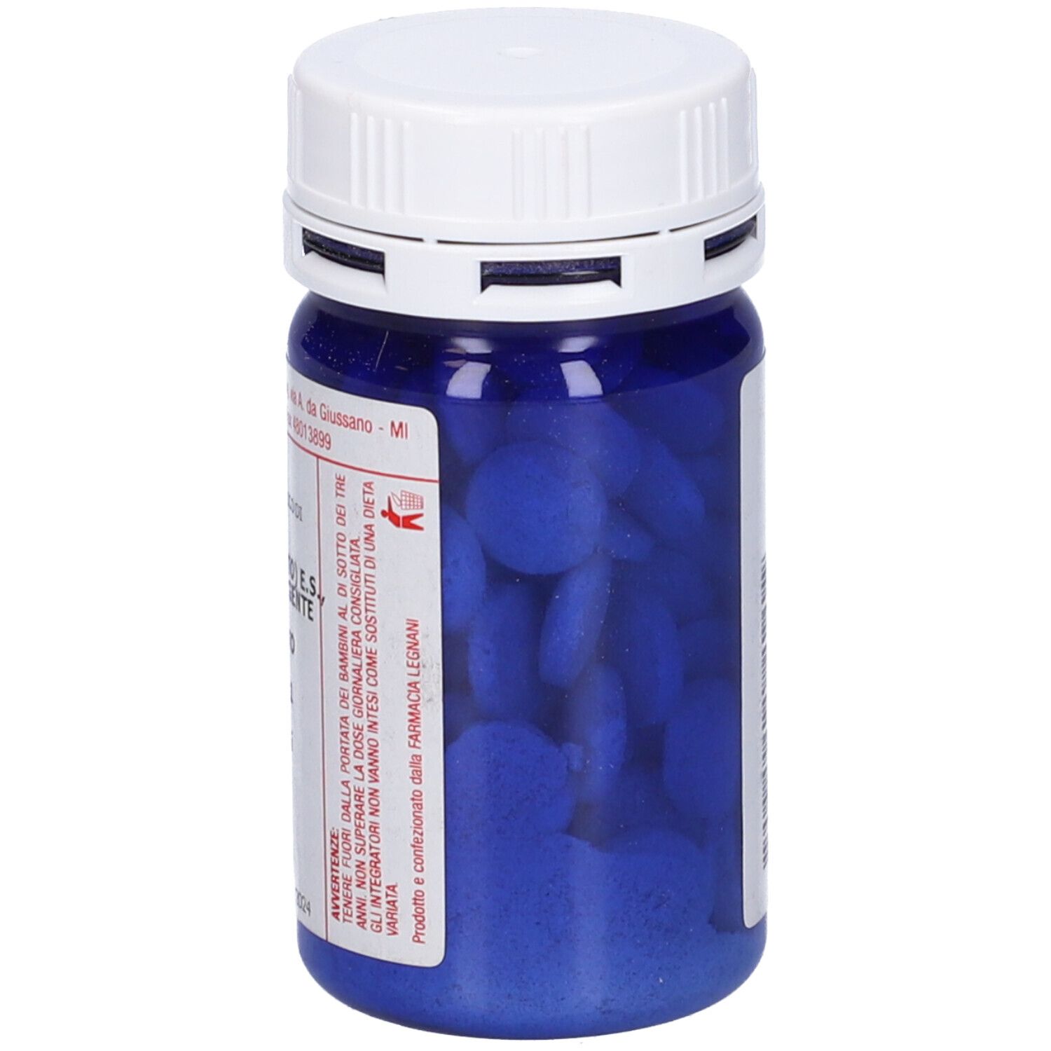 Flacone blu di compresse con tappo bianco. Compresse blu visibili. Testo sul lato.