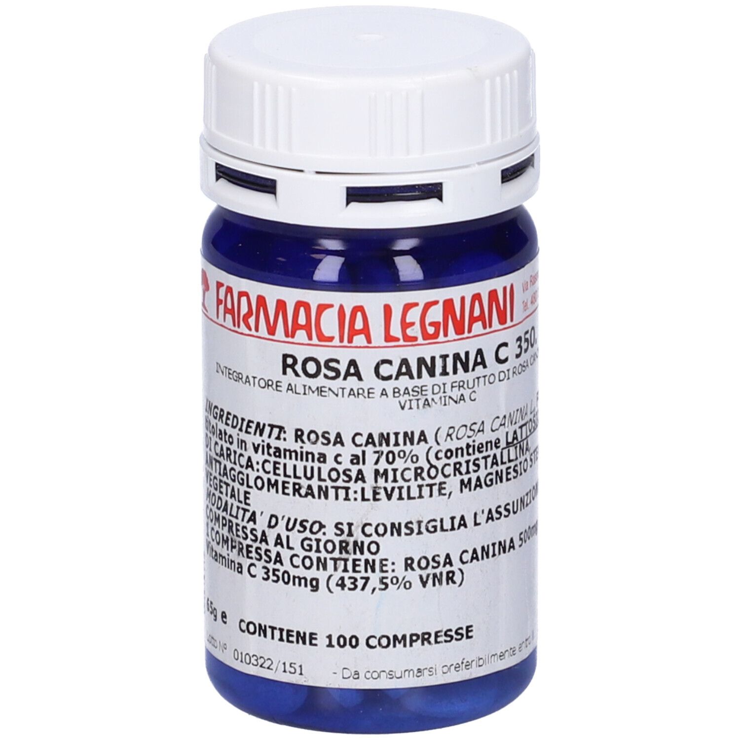 Flacone blu di compresse con tappo bianco. Scritta: Rosa Canina C 350, 100 compresse. Marchio: Farmacia Legnani.