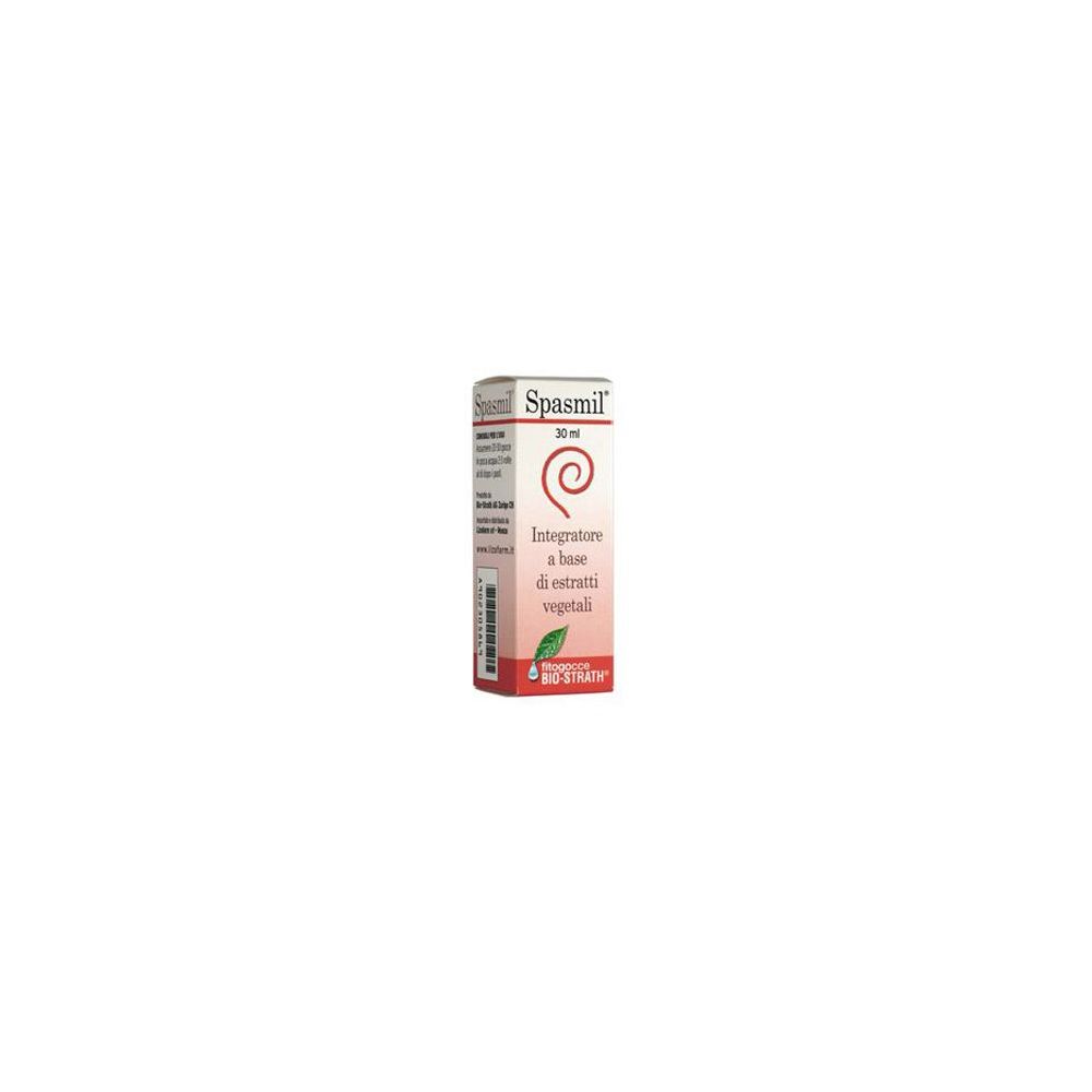Scatola con stampa del prodotto. Contiene Spasmil 30 ml. Scritta: Integratore a base di estratti vegetali.