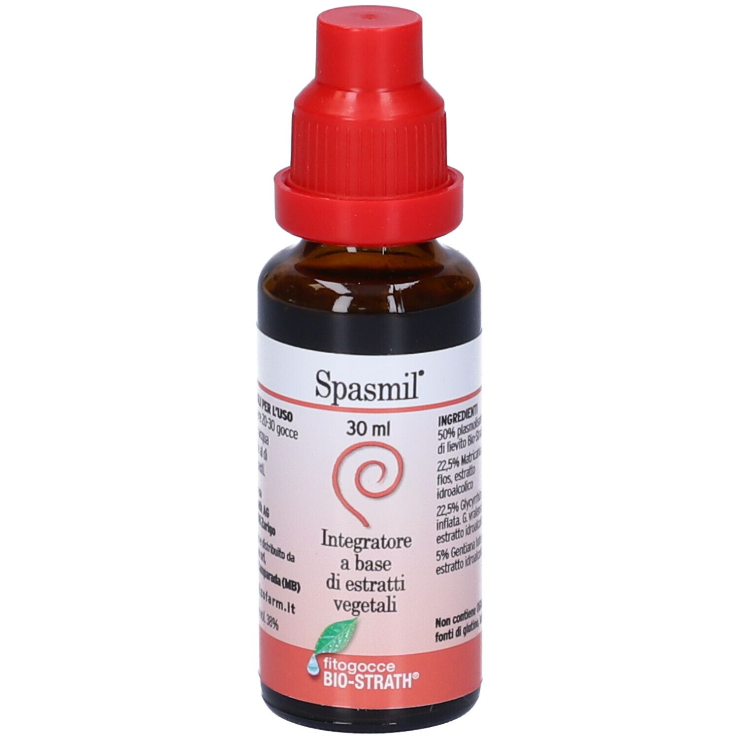 Flacone di vetro marrone con tappo rosso. Etichetta con nome del prodotto, volume e ingredienti. Contagocce.