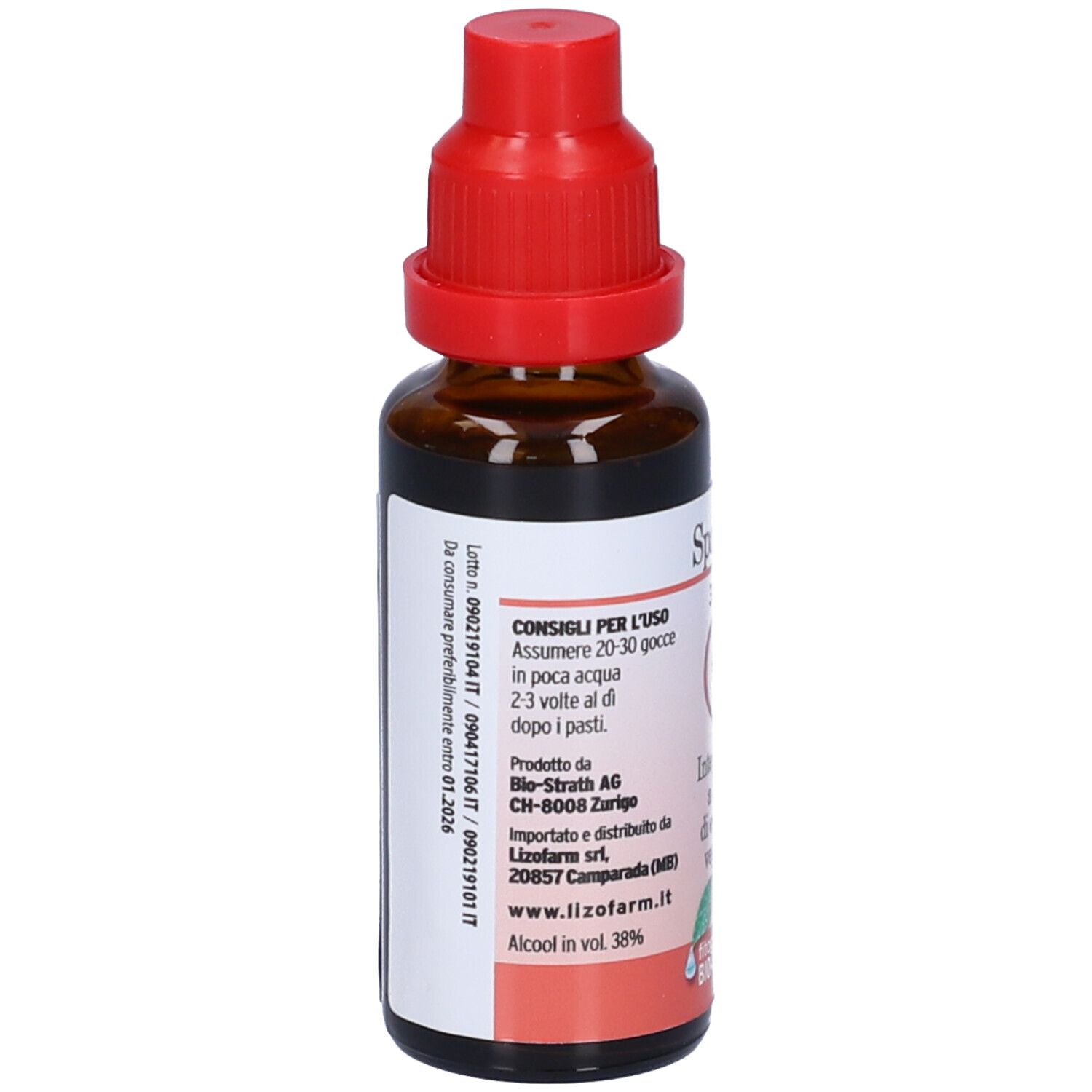 Flacone di vetro marrone con tappo rosso. Etichetta con informazioni sul prodotto e ingredienti. Contagocce.