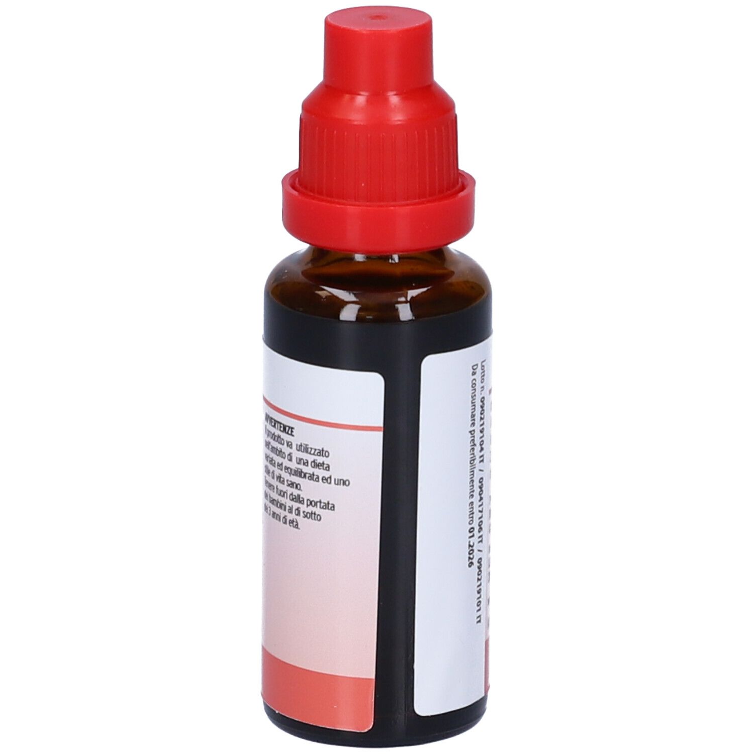 Flacone di vetro marrone con tappo rosso. Etichetta con informazioni sul prodotto e ingredienti. Contagocce.