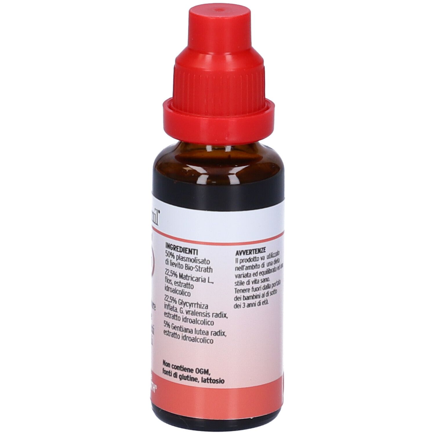 Flacone di vetro marrone con tappo rosso. Etichetta con informazioni sul prodotto e ingredienti. Contagocce.