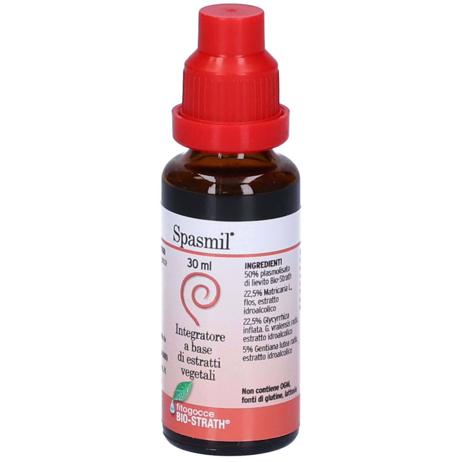 Flacone di vetro marrone con tappo rosso. Etichetta con nome del prodotto, volume e ingredienti. Contagocce.