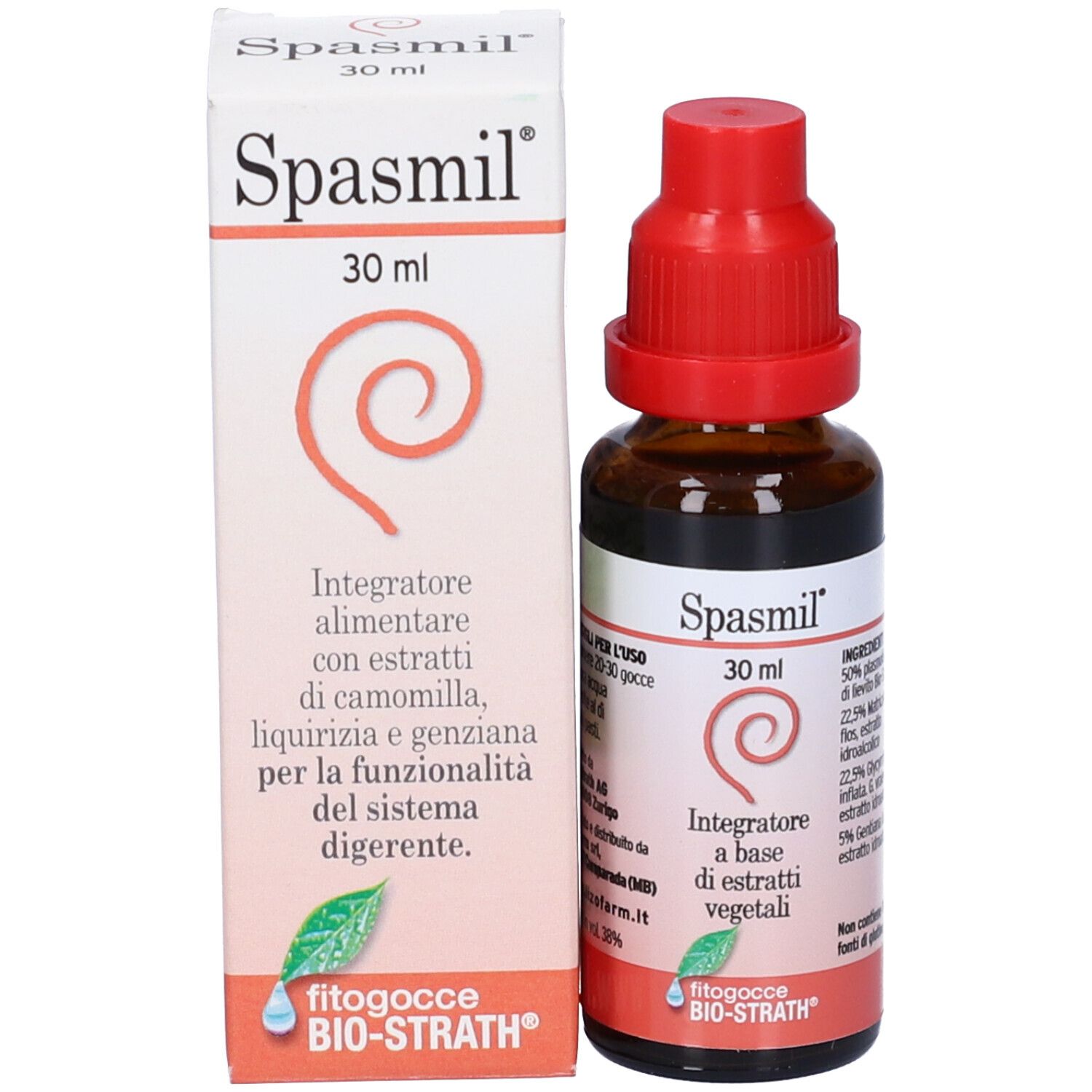 Confezione del prodotto con flacone e scatola. Flacone con tappo rosso. Scatola con informazioni sul prodotto.
