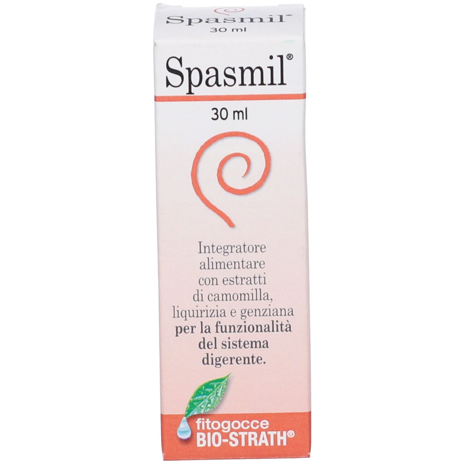Scatola con stampa del prodotto. Contiene Spasmil 30 ml. Scritta: Integratore alimentare con estratti di camomilla.