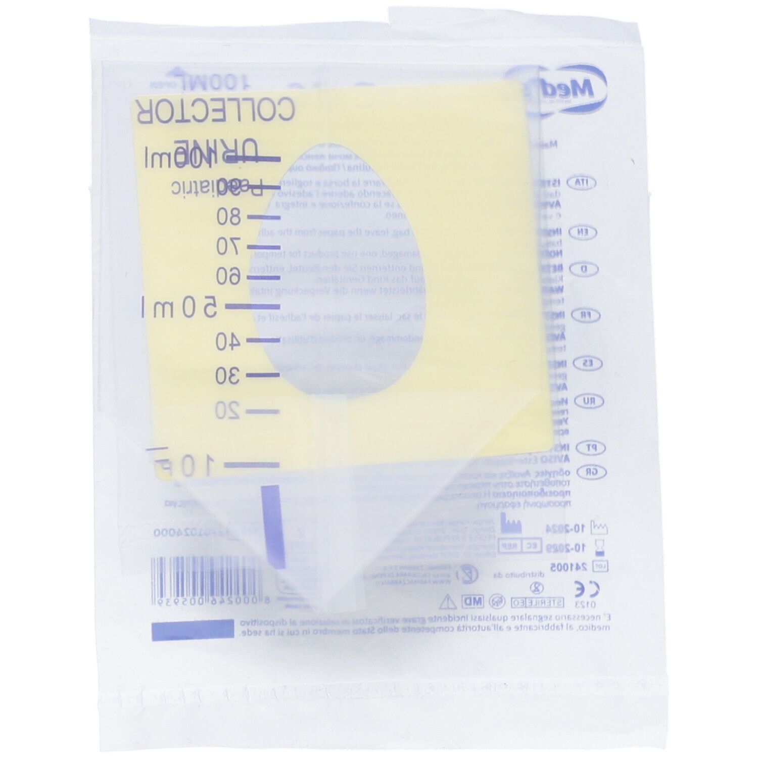 Confezione trasparente con cerotto giallo rotondo e scala graduata. Scritta: Med's, COLLECTOR URINE, 100ml.