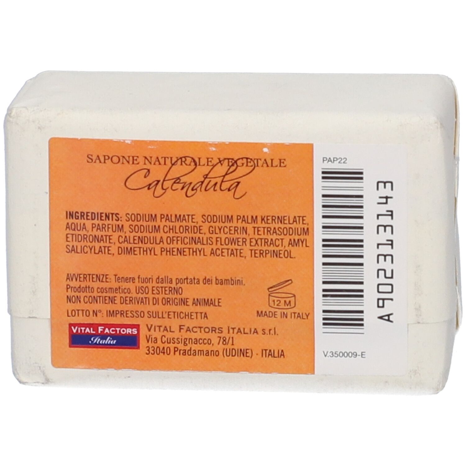Retro del sapone con ingredienti e codice a barre. Scritta: Calendula, Vital Factors Italia.