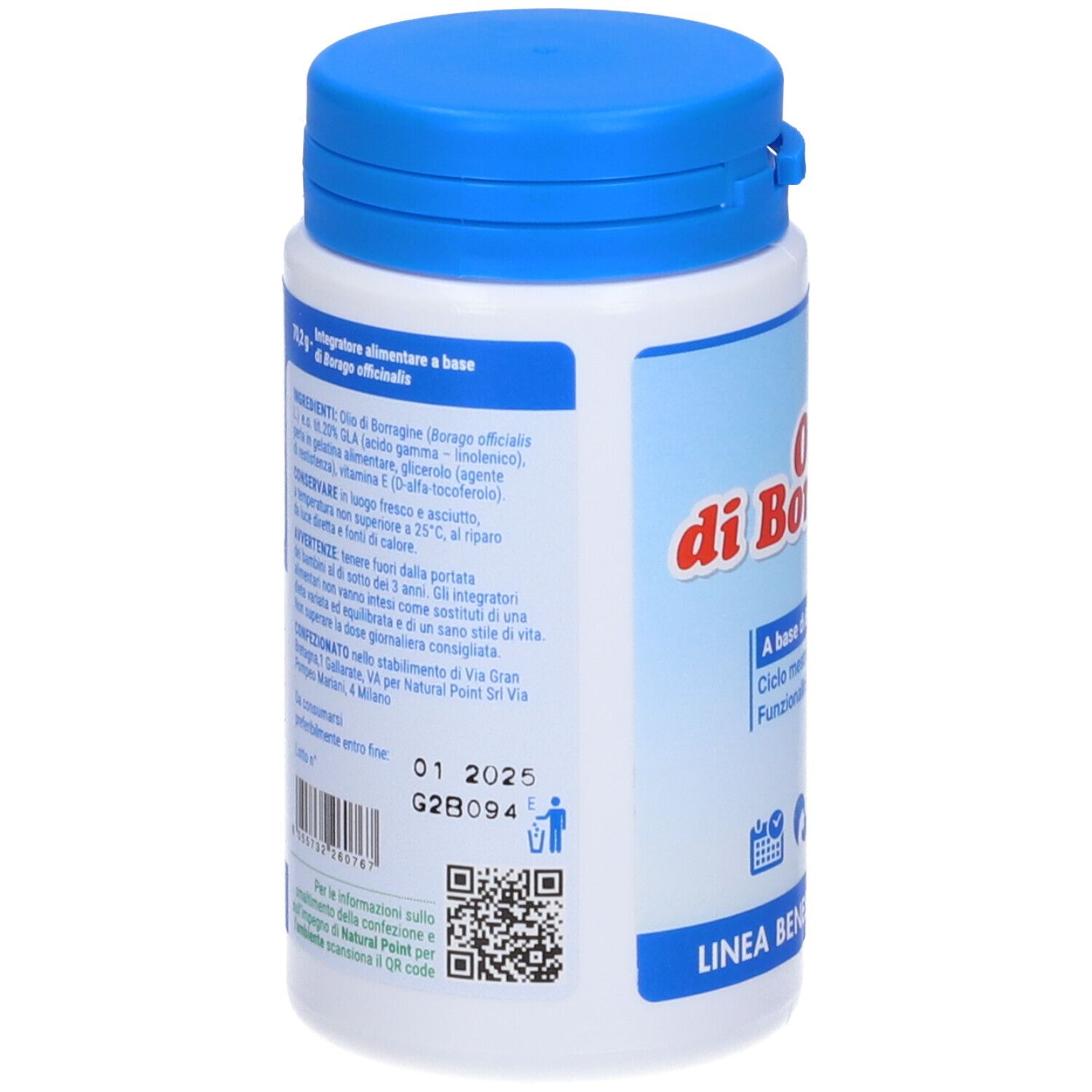 Flacone bianco con tappo blu. Scritta: Olio di Borragine. Testo in italiano. Codice QR e data di scadenza.