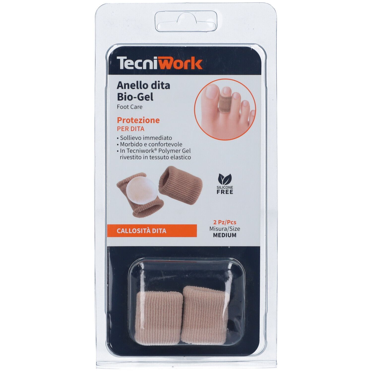 Confezione di due anelli per dita. Marchio TecniWork. Anelli beige con cuscinetto in gel bianco. Scritta: Bio-Gel, Foot Care, Medium.