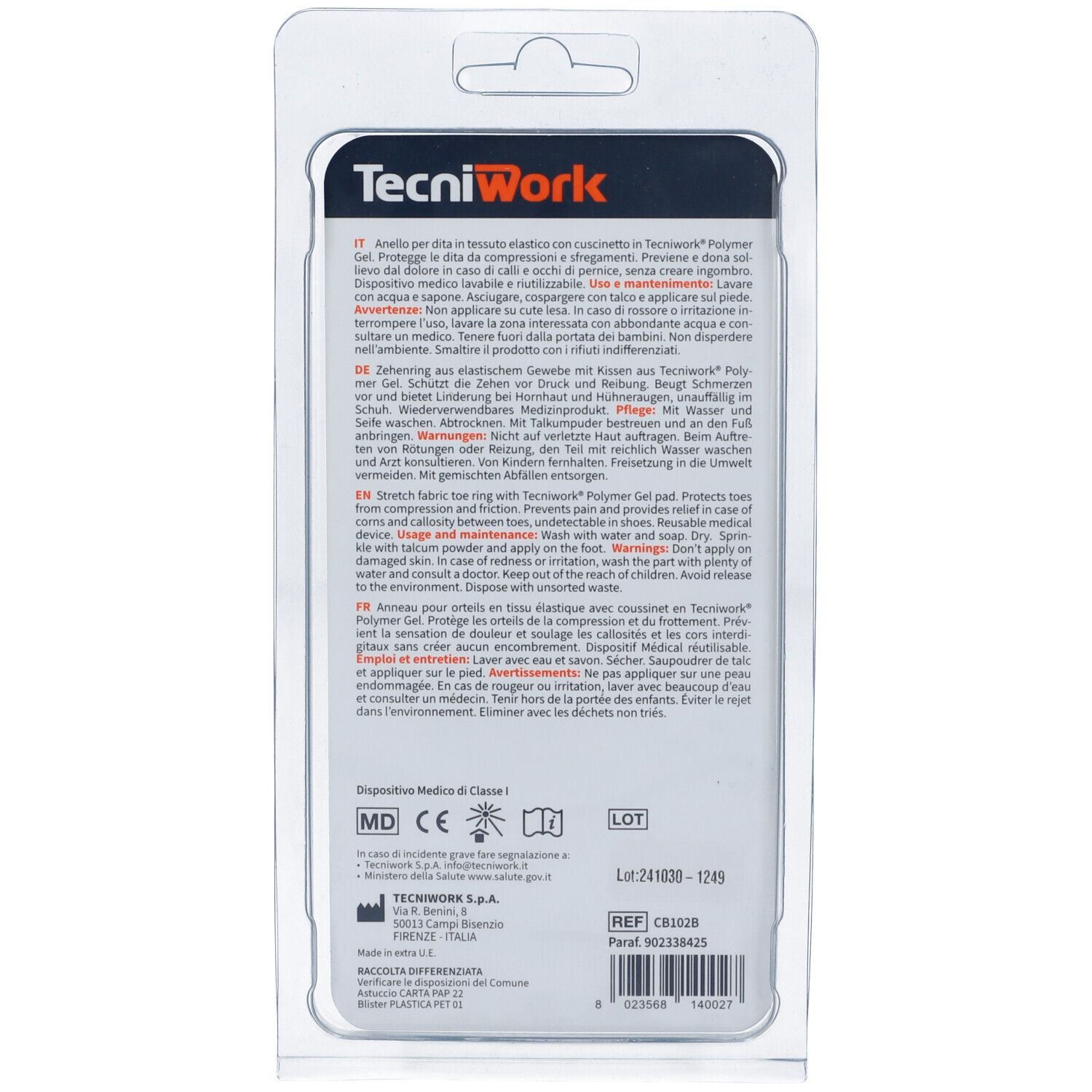 Retro della confezione con testo. Marchio TecniWork. Informazioni in tedesco, italiano, inglese e francese. Dispositivo medico.
