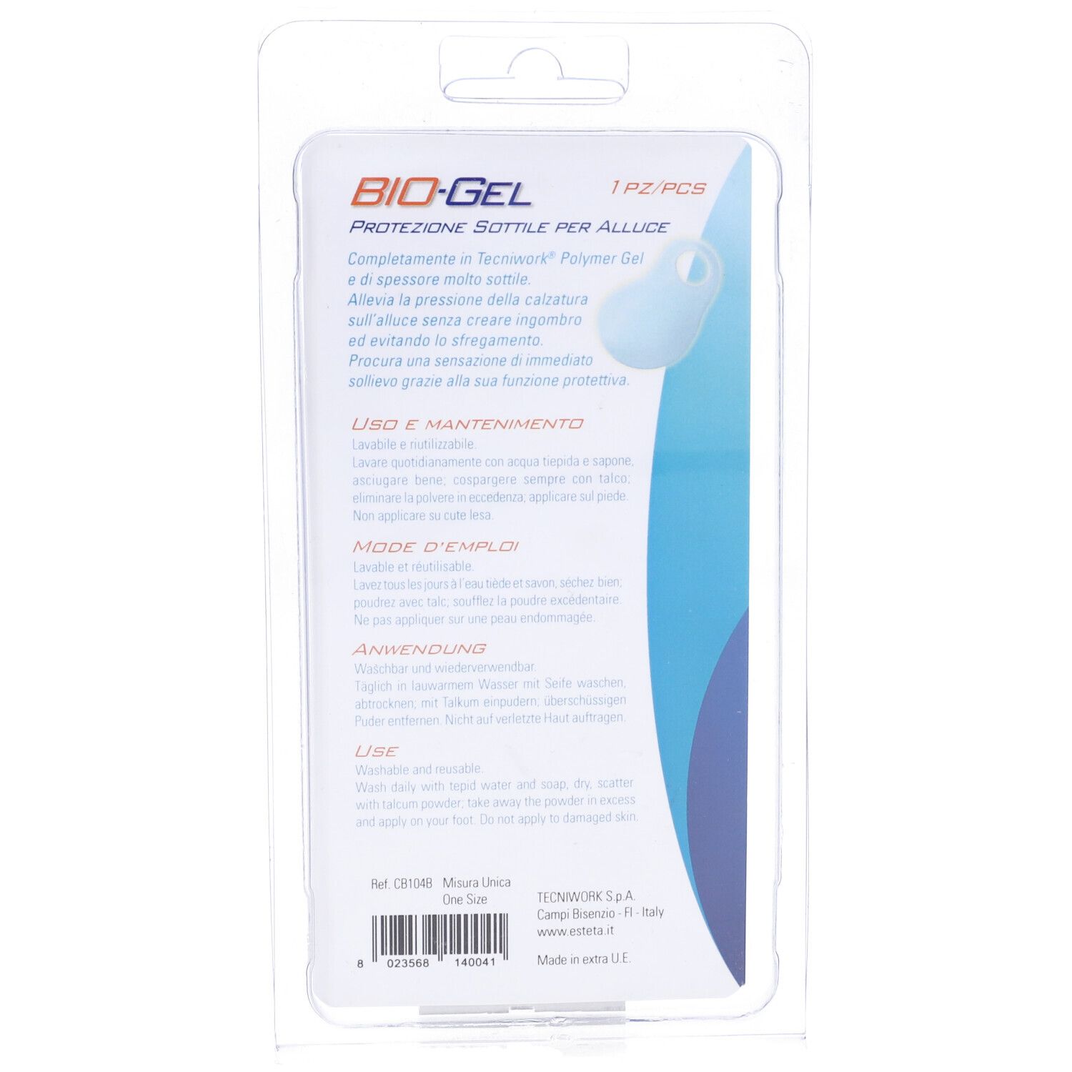 Retro confezione blister. Testo: BIO-GEL, Protezione Sottile per Alluce. Istruzioni in italiano, francese, inglese.