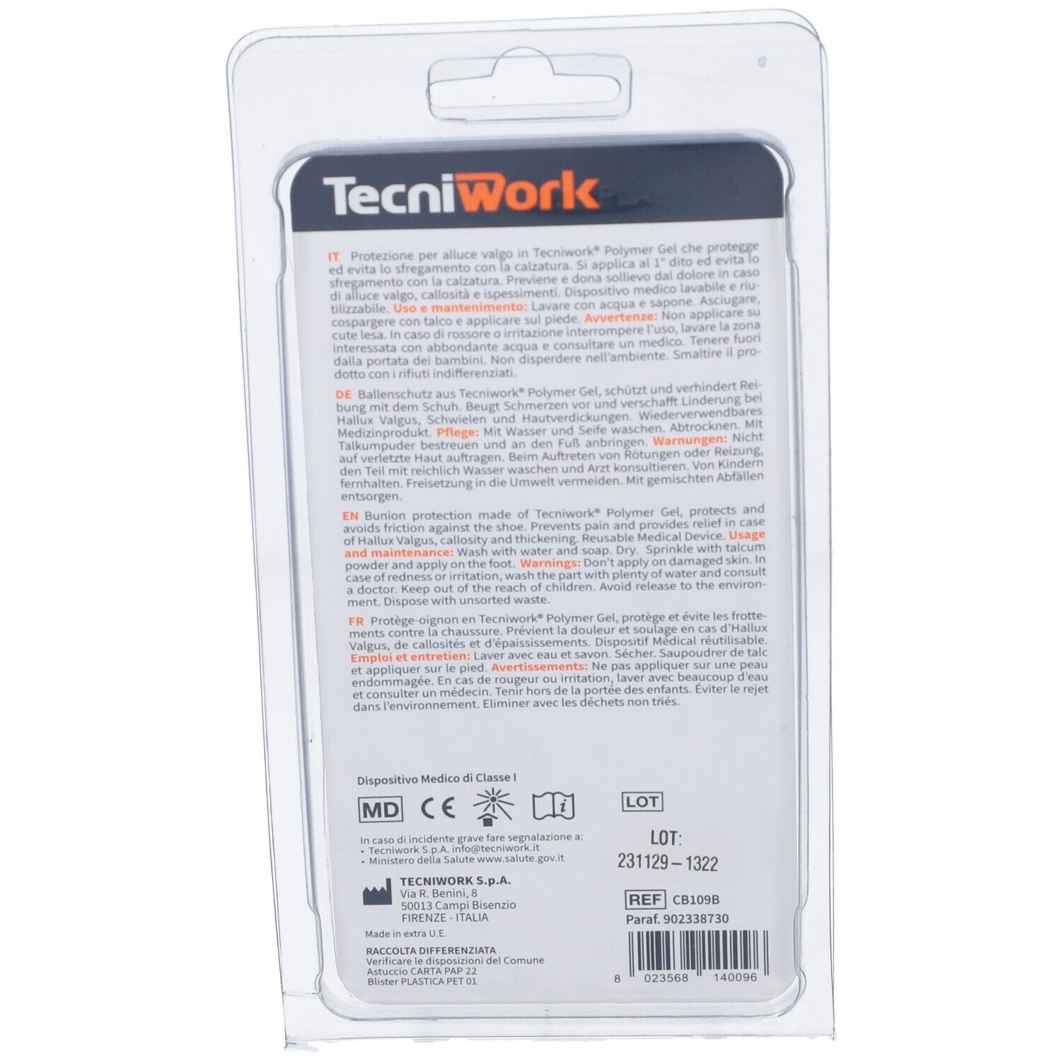 Retro confezione Tecniwork Biogel Protezione. Testo multilingue. Dispositivo medico.