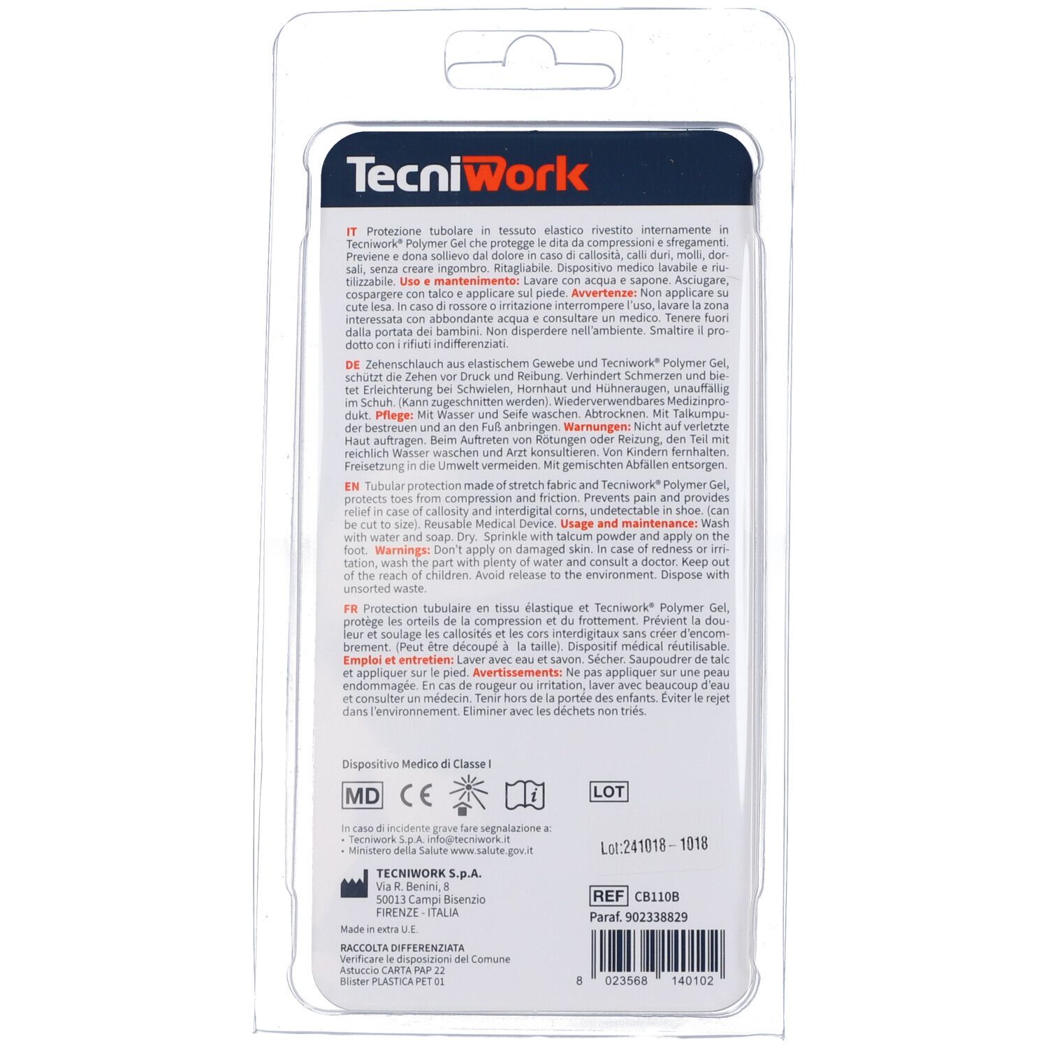 Retro confezione con testo. Tecniwork, marchio CE, numero di lotto, indirizzo produttore.