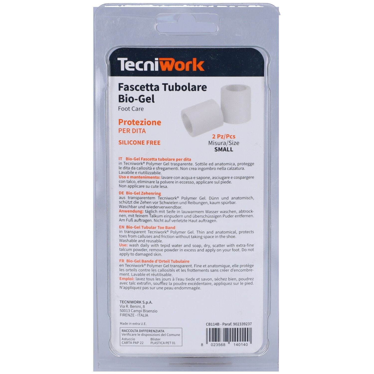 Retro della confezione. Testo in tedesco, inglese, francese e italiano. Nome prodotto: Tecniwork Biogel Fascetta Tubolare per Dita. Misura S.