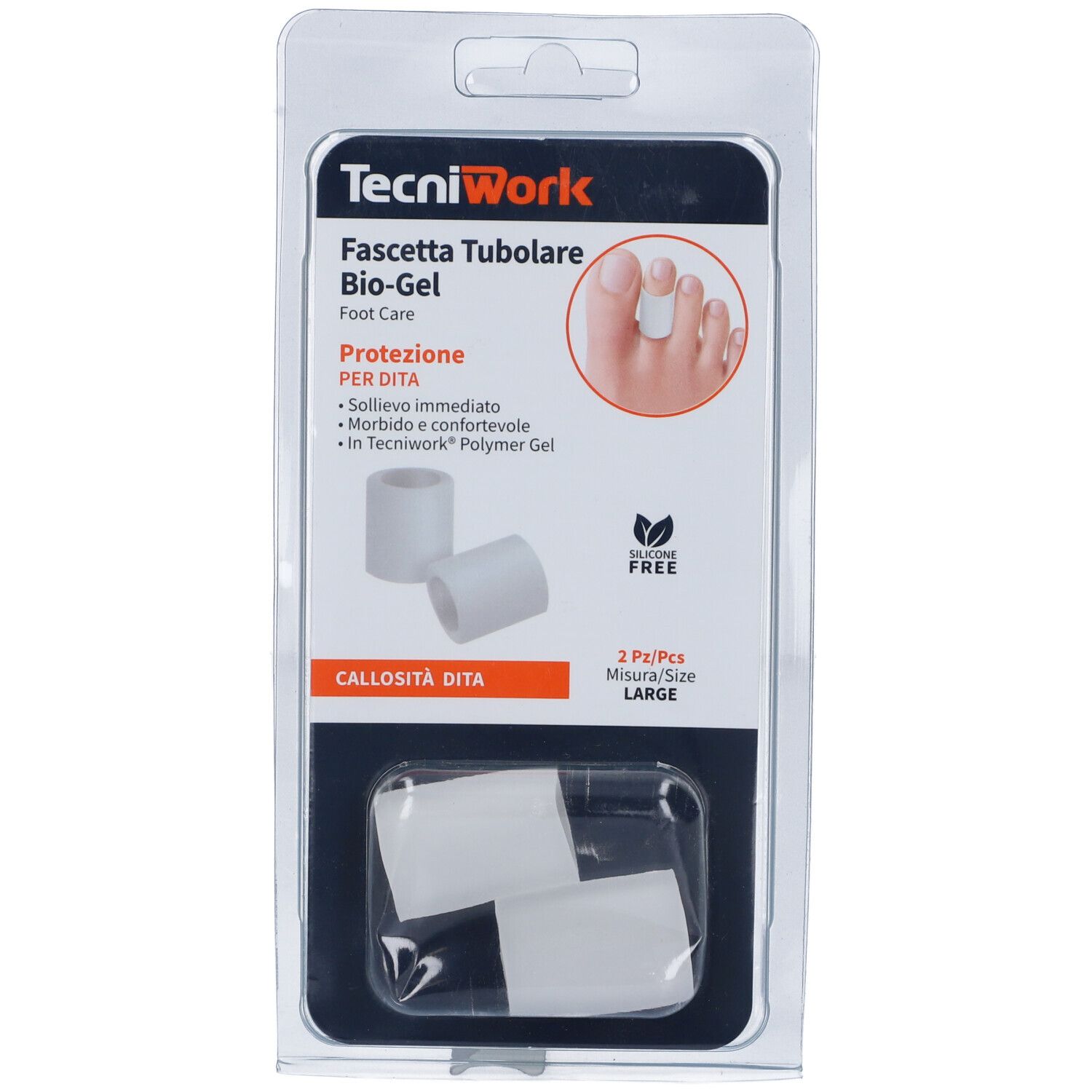 Confezione di Tecniwork Biogel Fascetta Tubolare per Dita. Visibili due protezioni cilindriche bianche per dita.