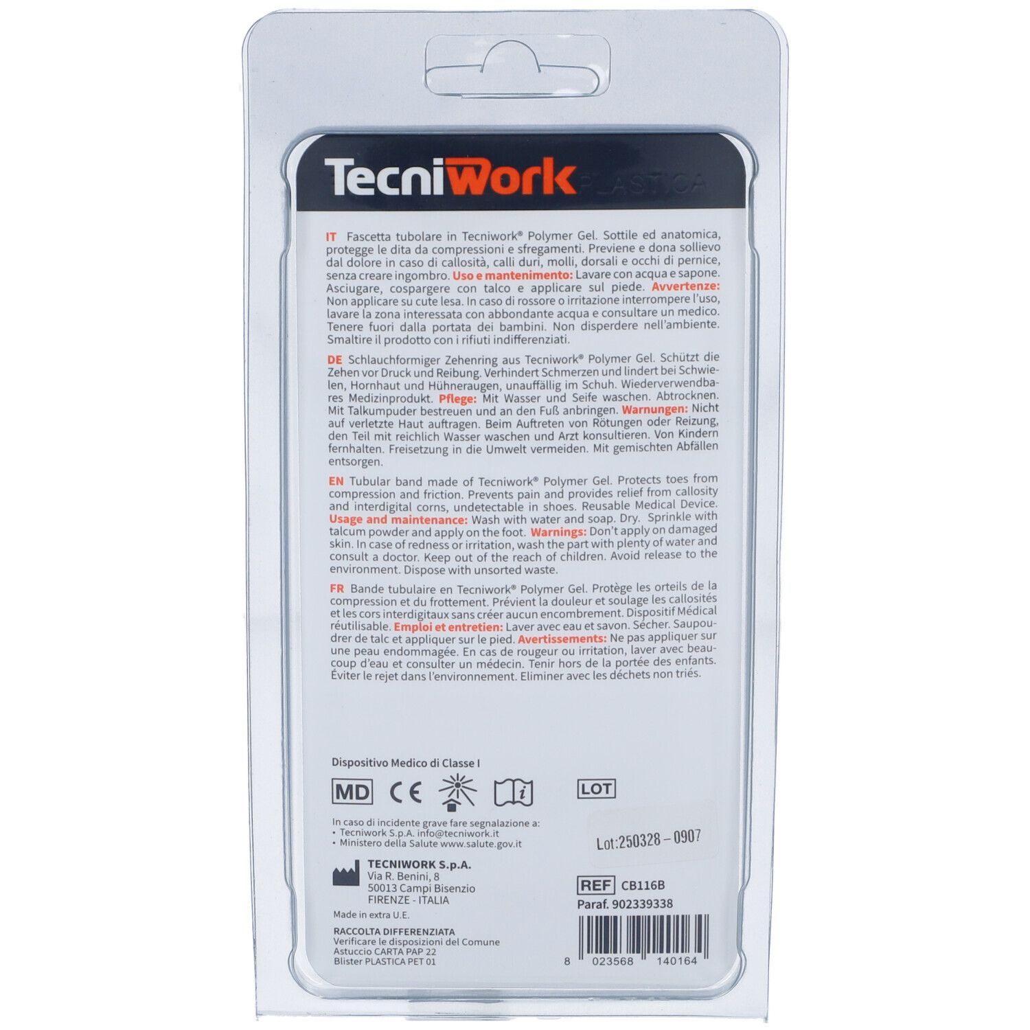 Retro confezione Tecniwork Biogel Fascetta Tubolare per Dita. Testo multilingue, marchio CE.