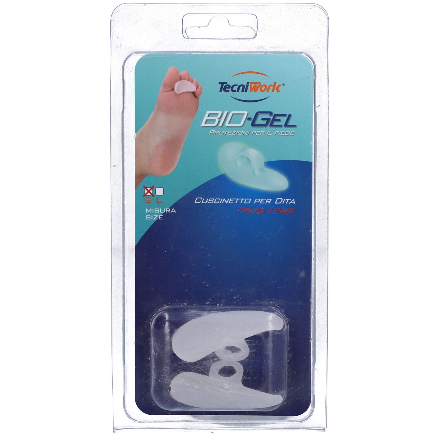 Confezione blister con due distanziatori per dita Tecniwork Biogel bianchi. Nome del prodotto e logo visibili.
