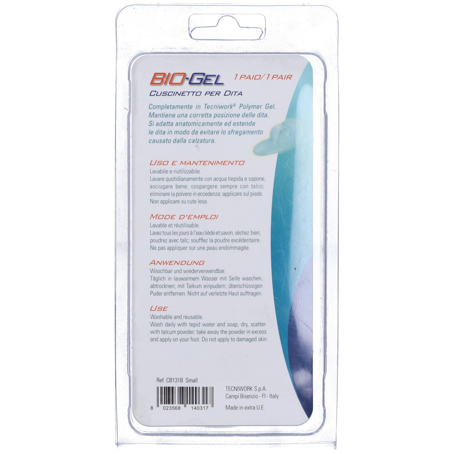 Retro della confezione blister con informazioni sul prodotto. Testo in italiano, francese e inglese.