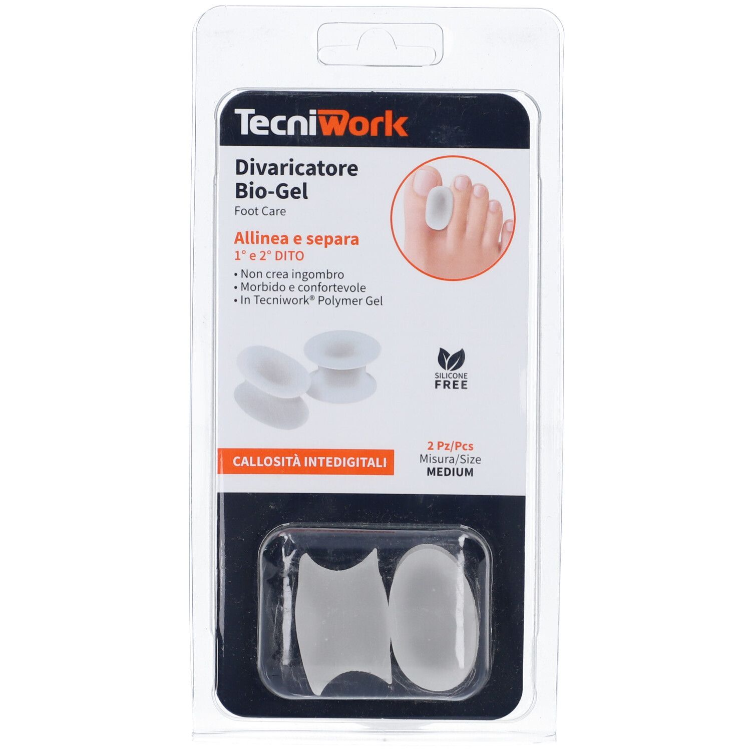 Confezione con due separatori per dita Bio-Gel. Taglia M. Nome del prodotto e marchio TecniWork visibili.