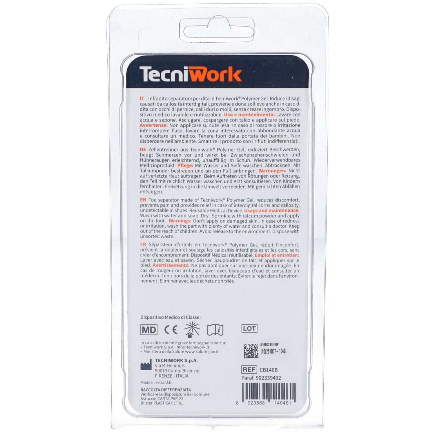 Retro confezione blister con informazioni prodotto e marchio CE. Testo multilingue.