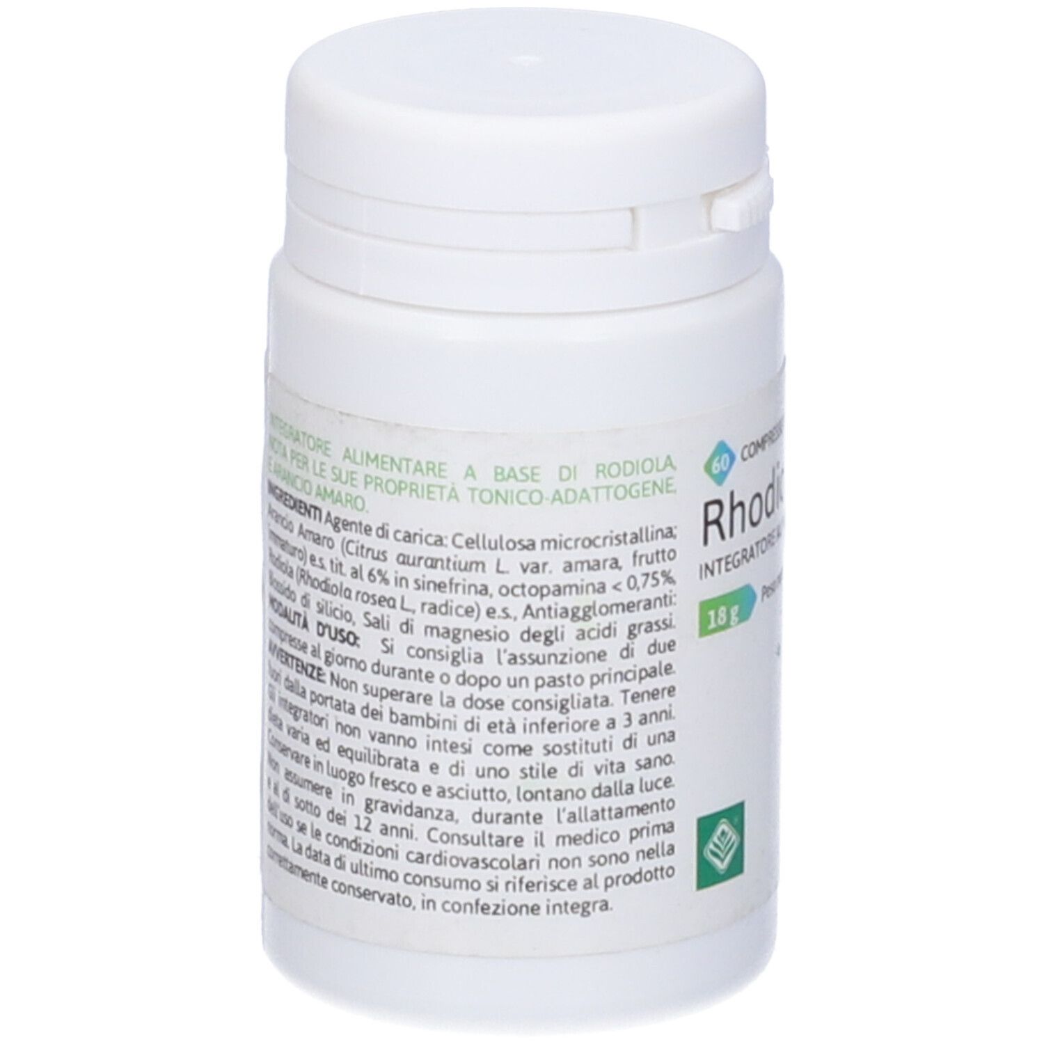 Flacone bianco di compresse con testo sull'etichetta. Lista ingredienti, istruzioni per l'uso e avvertenze visibili.