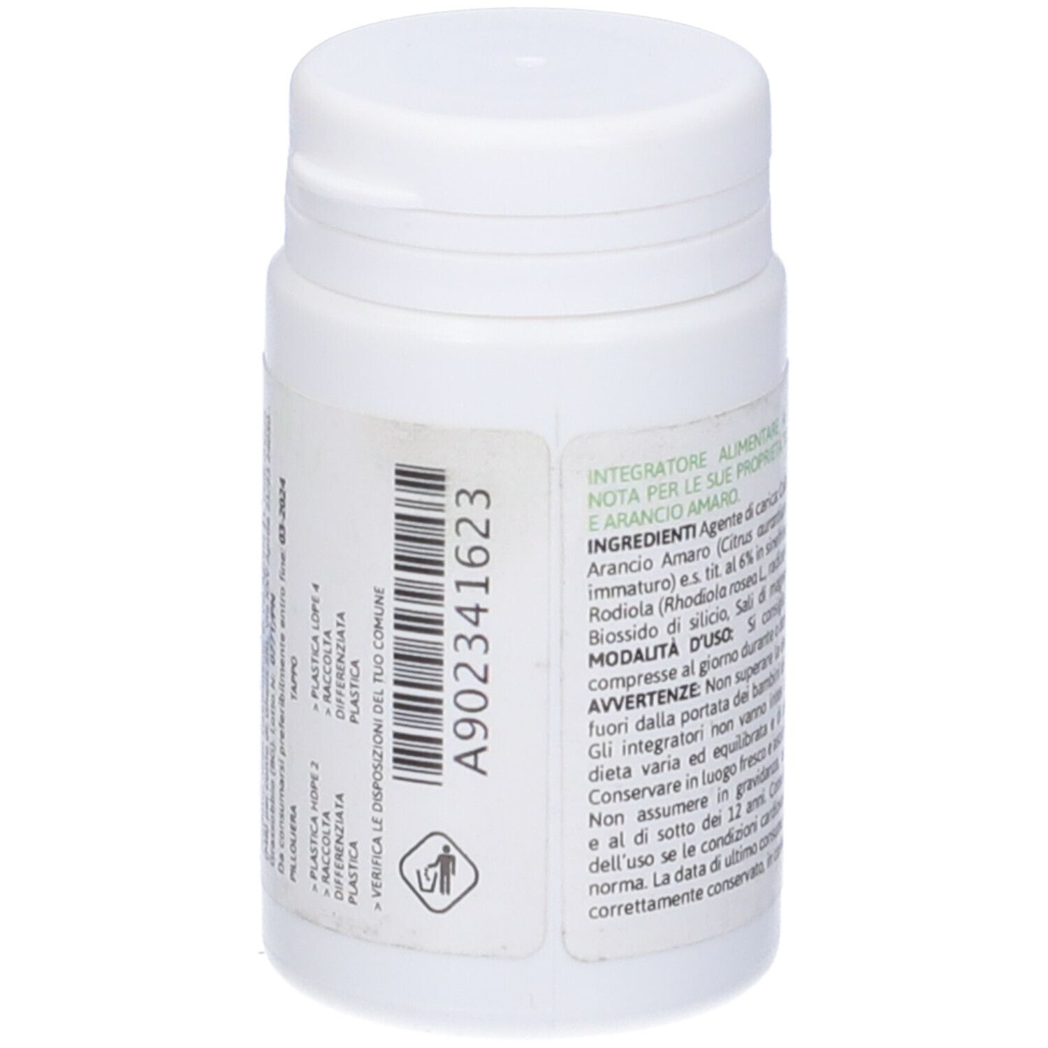 Flacone bianco di compresse con etichetta. Codice a barre e testo. Informazioni produttore e simbolo di riciclaggio.