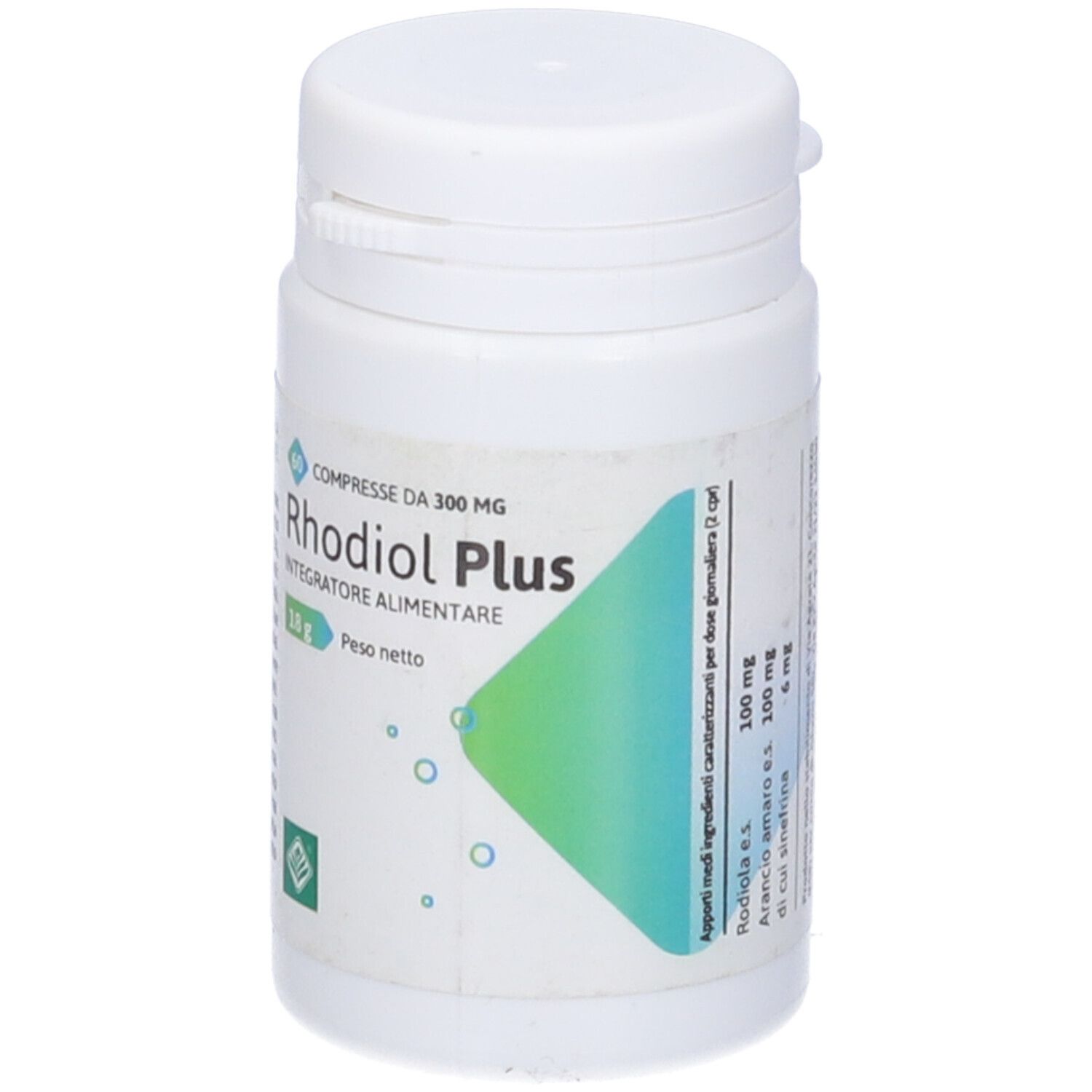 Flacone bianco di compresse con etichetta verde. Scritta: Rhodiol Plus, 60 compresse da 300 mg. Peso netto 18g.
