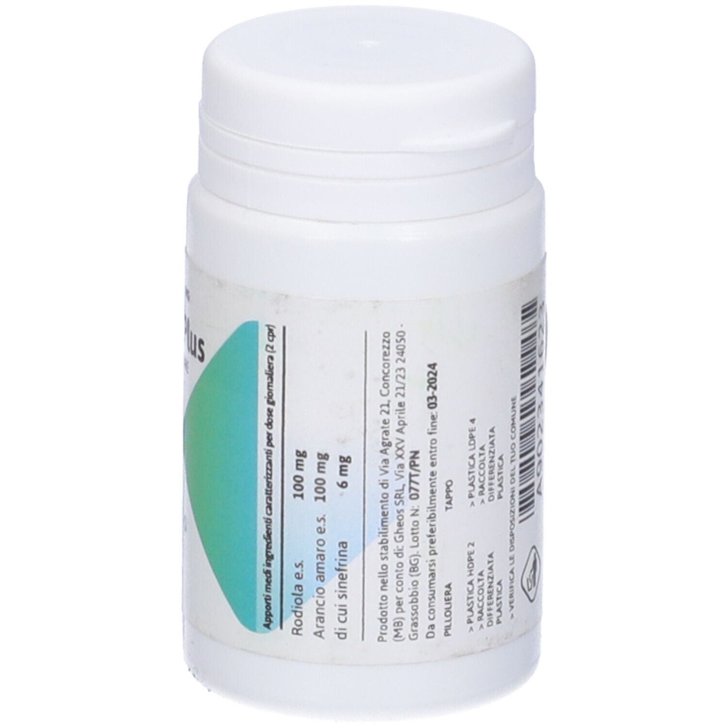 Flacone bianco di compresse con etichetta verde. Scritta: Rhodiol Plus. Dosaggio: 100 mg Rhodiola, 6 mg Sinefrina.