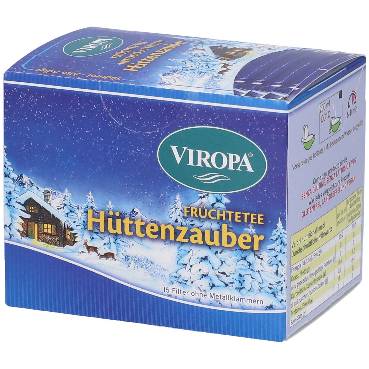 Confezione del prodotto con logo e nome. Paesaggio invernale. Istruzioni per la preparazione. Informazioni nutrizionali.