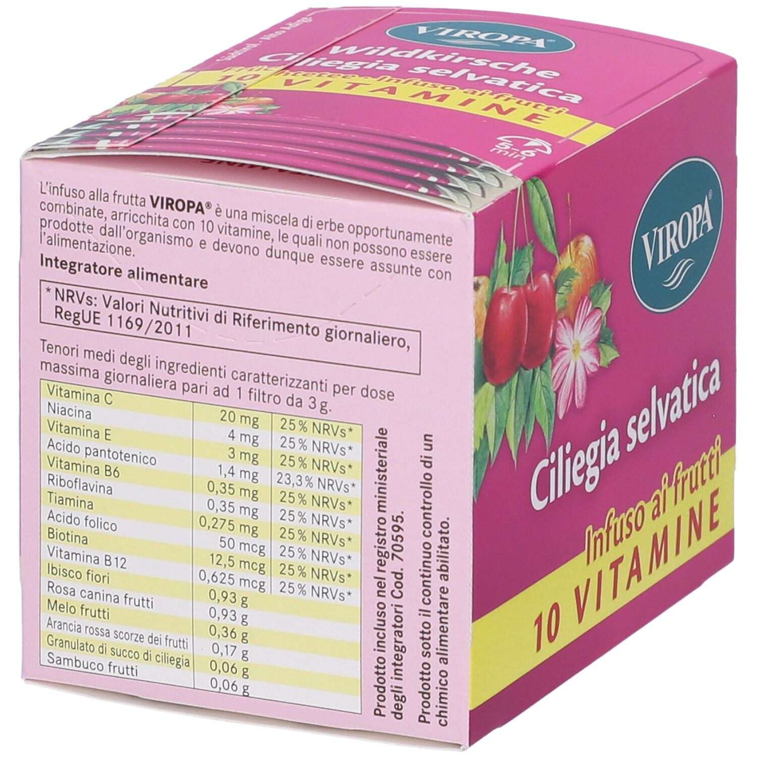 Scatola rosa con logo Viropa. Testo: Wildkirsche, Infuso ai frutti, 10 Vitamine. Informazioni nutrizionali e lista ingredienti sul retro.