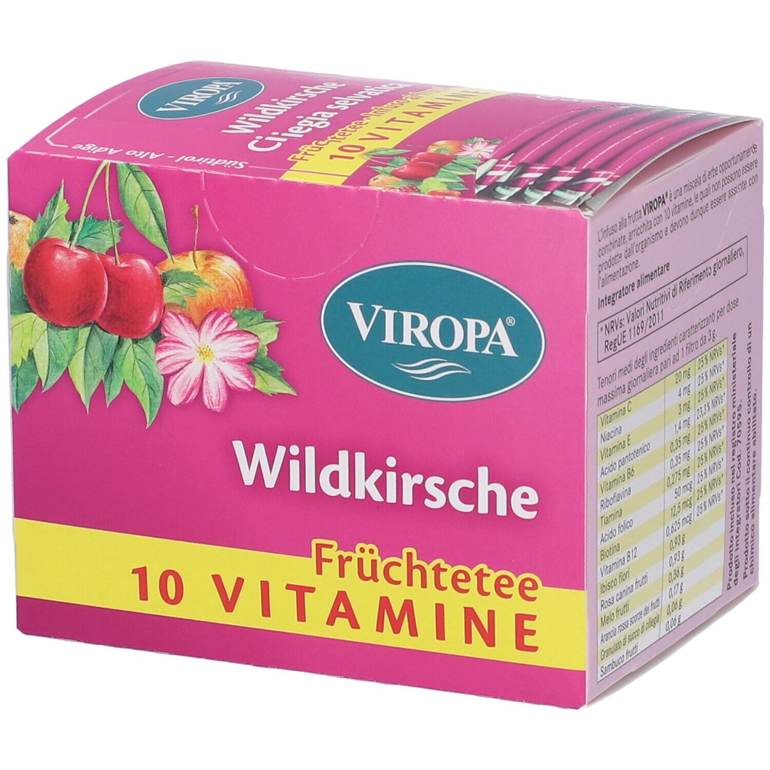 Scatola rosa con logo Viropa. Testo: Wildkirsche, Früchtetee, 10 Vitamine. Retro con informazioni nutrizionali e istruzioni per la preparazione.