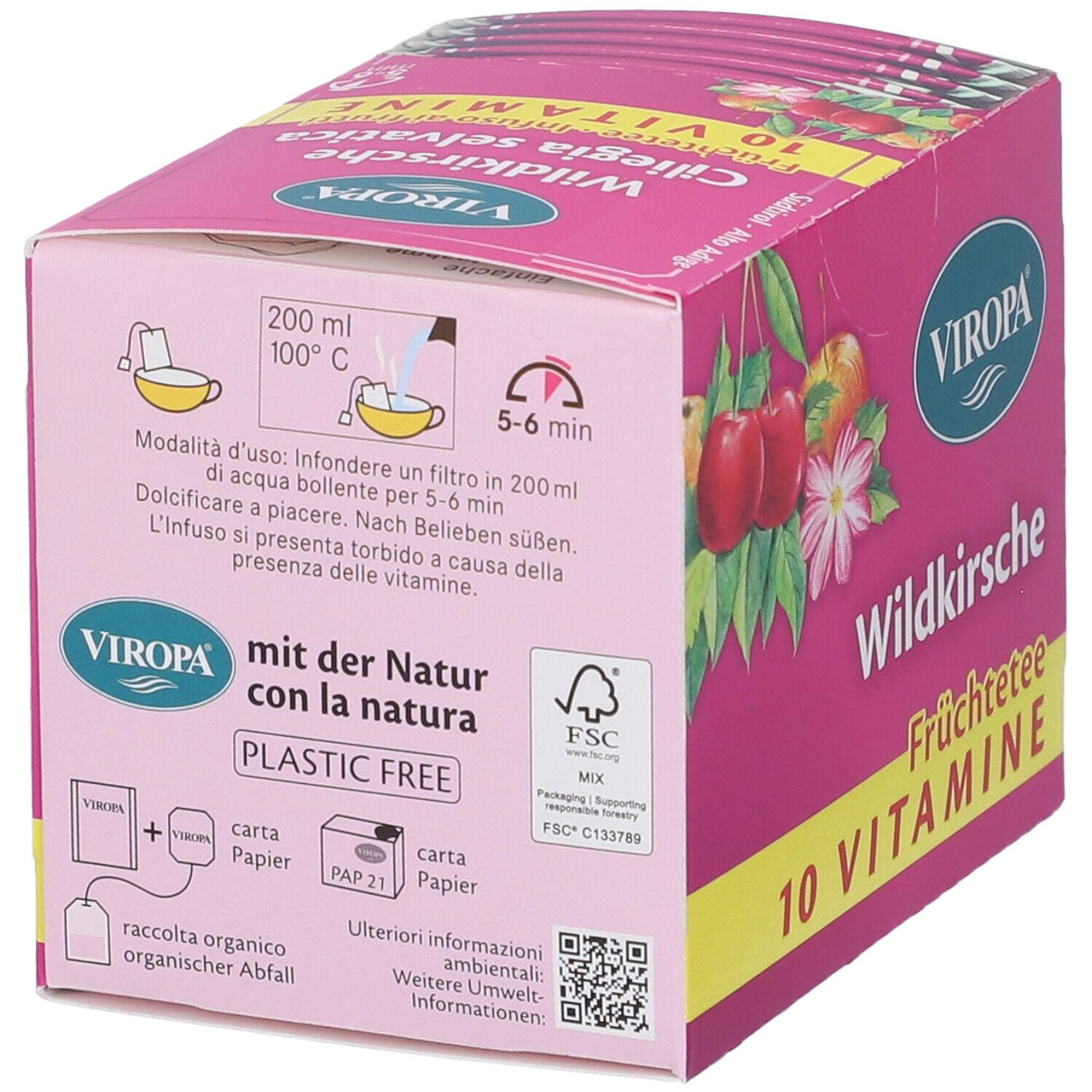 Scatola rosa con logo Viropa. Testo: Wildkirsche, Früchtetee, 10 Vitamine. Logo FSC e istruzioni per la preparazione sul retro.