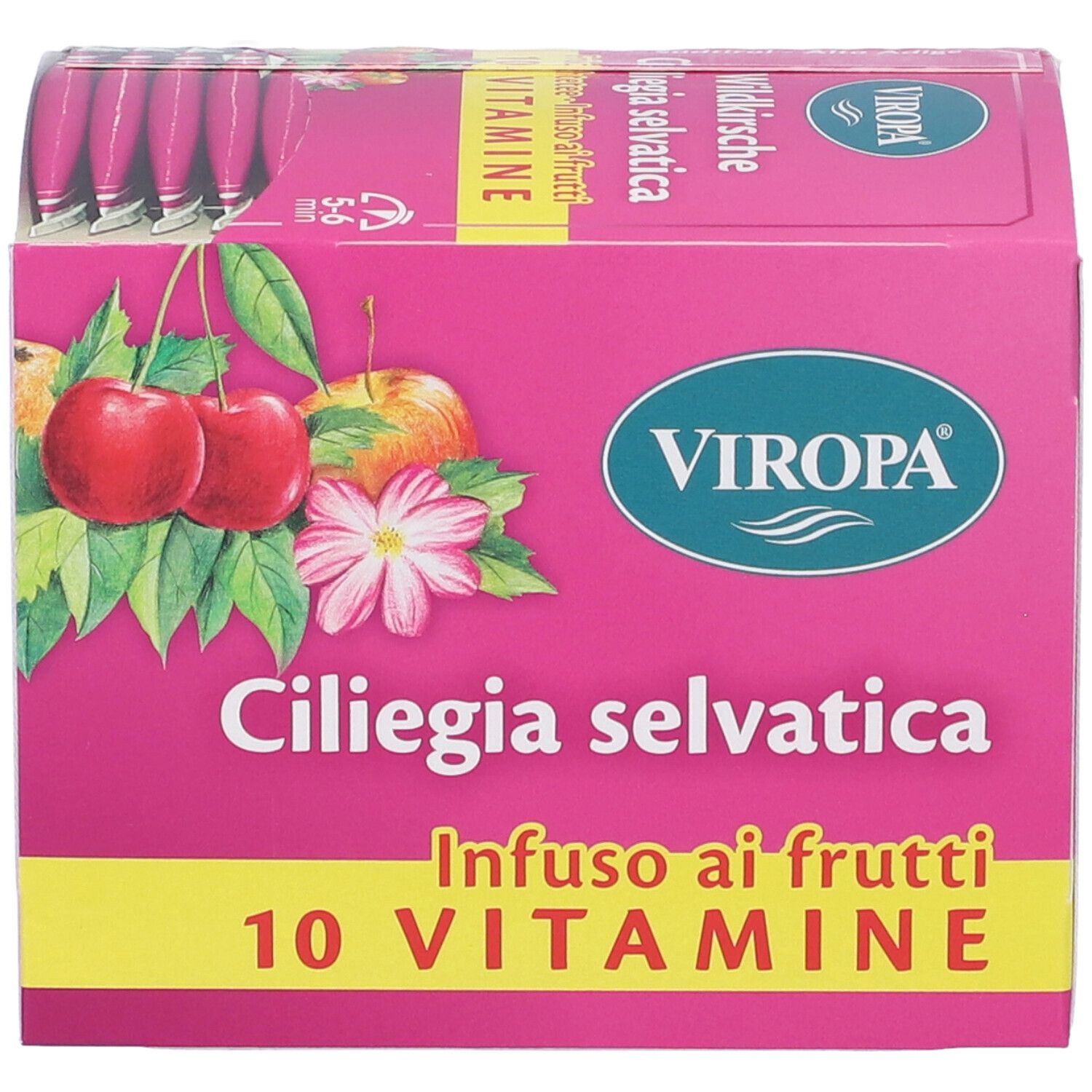 Scatola rosa con logo Viropa, illustrazione di ciliegie e testo: Ciliegia selvatica, Infuso ai frutti, 10 Vitamine. Logo verde e bianco.