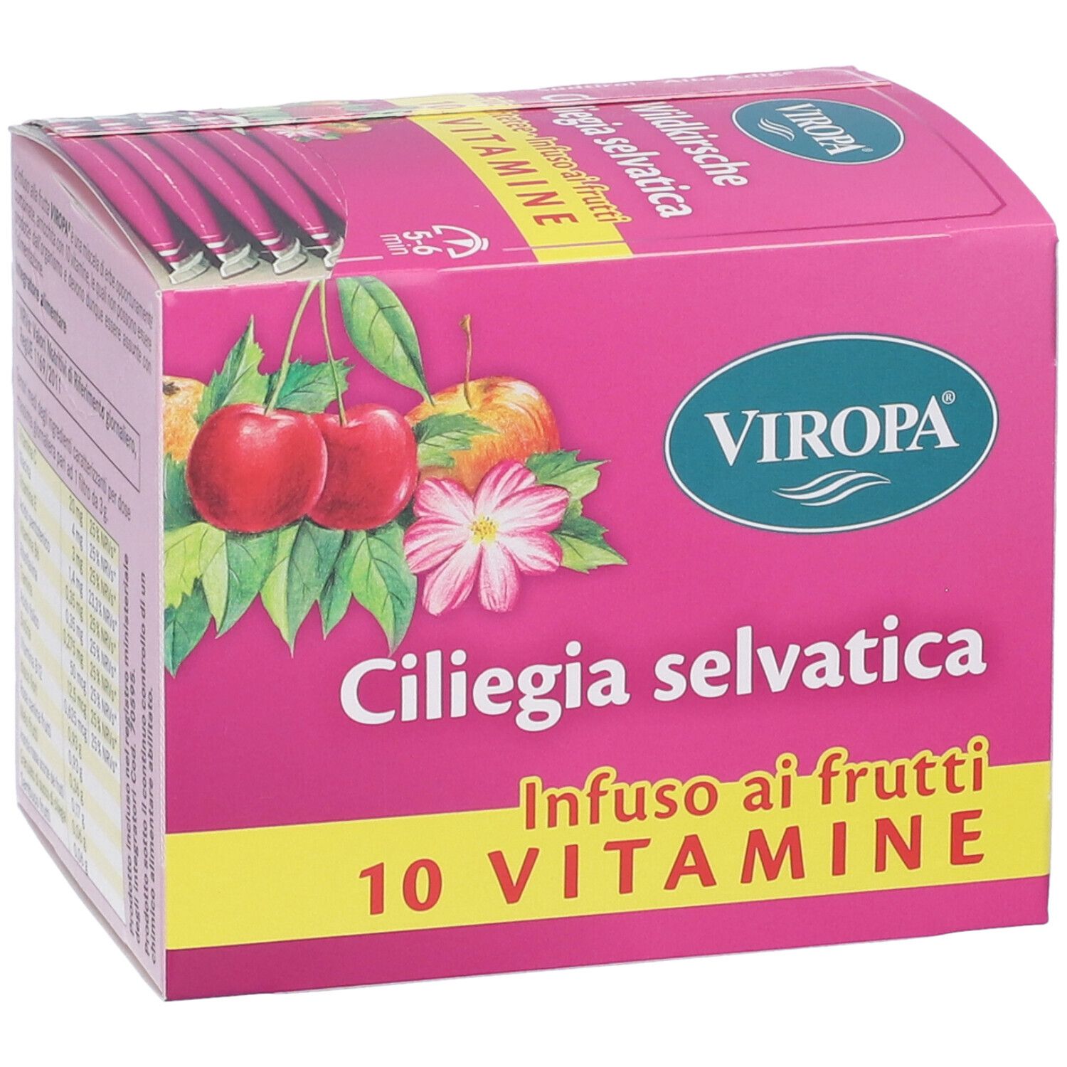 Scatola rosa con logo Viropa, illustrazione di ciliegie e testo: Ciliegia selvatica, Infuso ai frutti, 10 Vitamine. Logo verde e bianco.