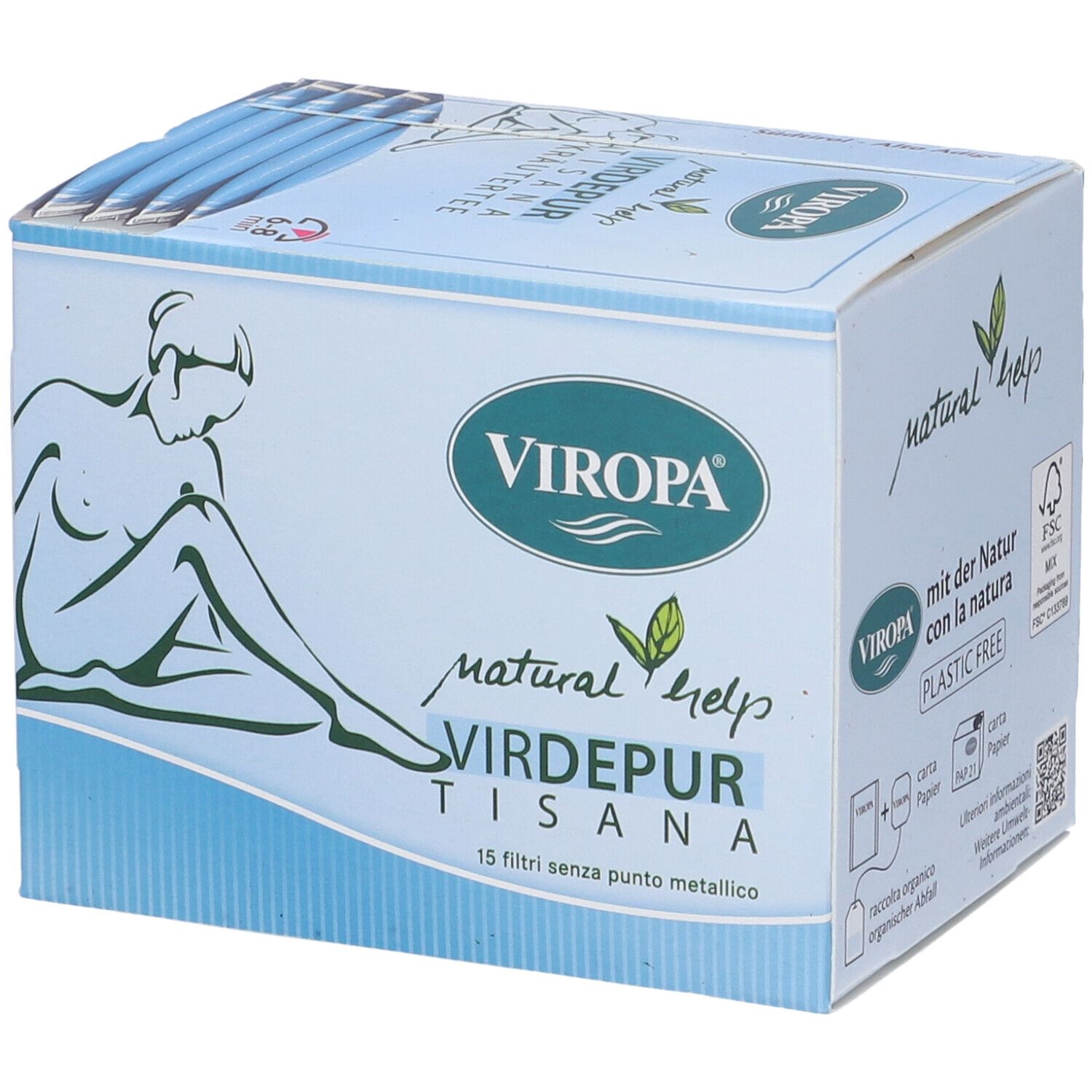 Scatola Viropa Nat Help Virdepur Tisana. Scatola azzurra con logo, nome prodotto e 15 filtri.