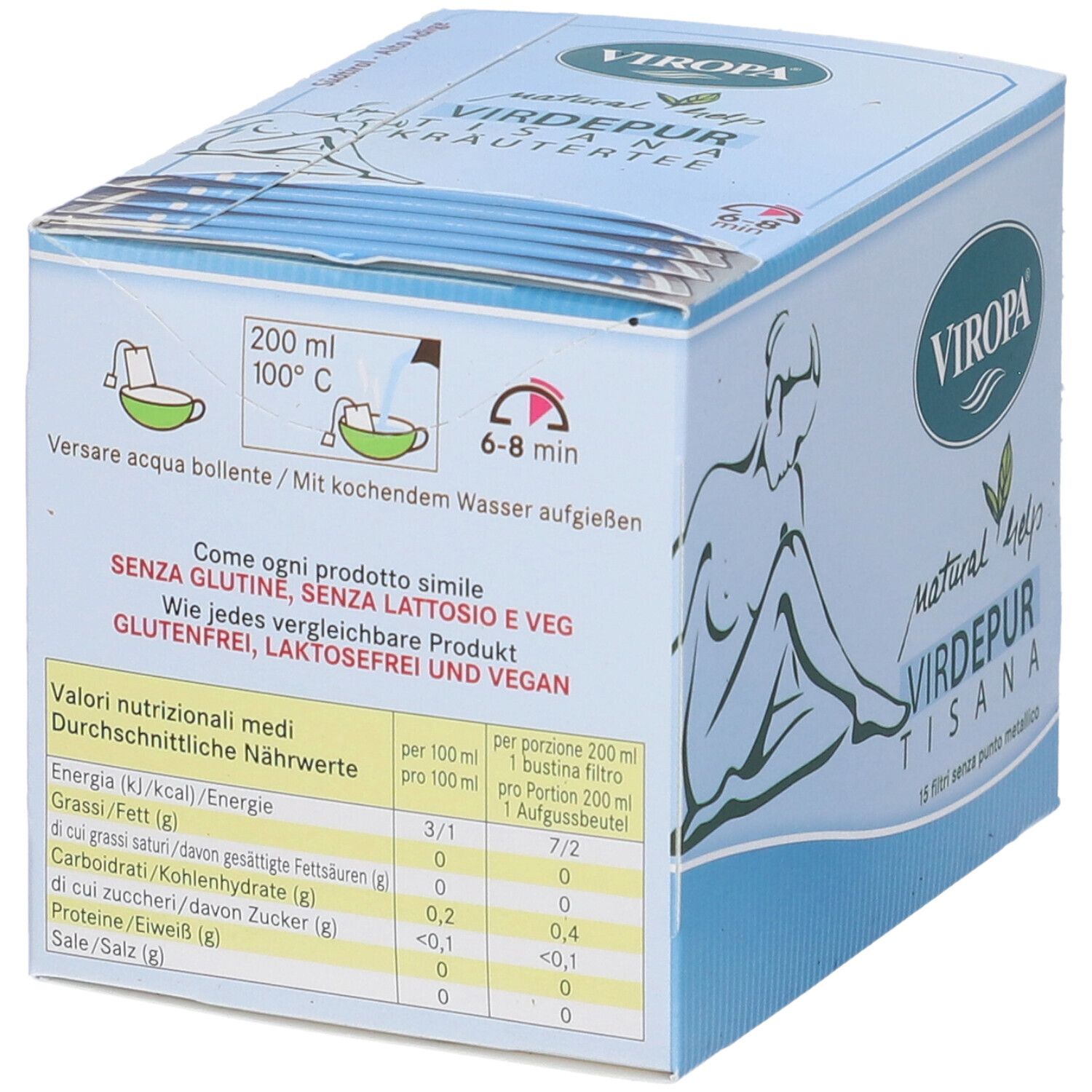 Scatola Viropa Nat Help Virdepur Kräutertee. Scatola azzurra con logo, nome prodotto e tabella nutrizionale.