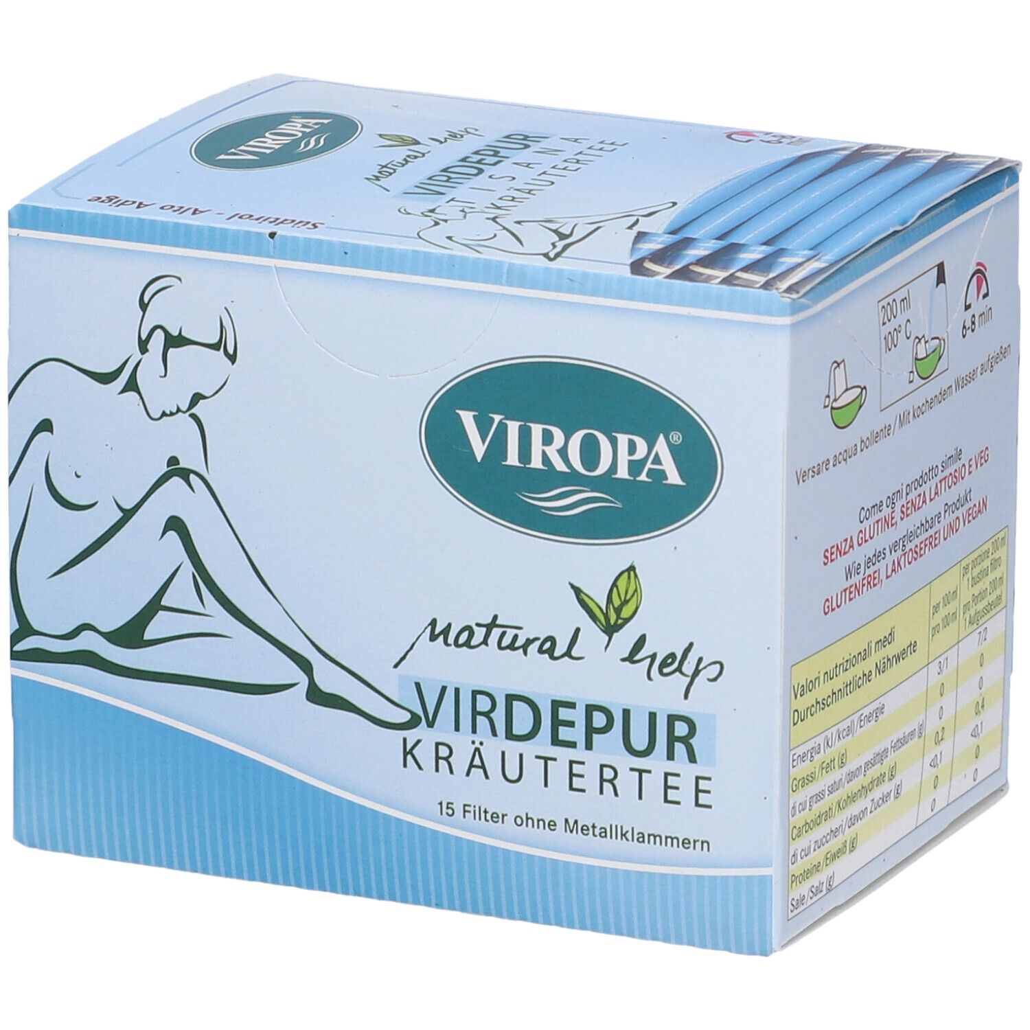 Scatola Viropa Nat Help Virdepur Kräutertee. Scatola azzurra con logo, nome prodotto e istruzioni per la preparazione.