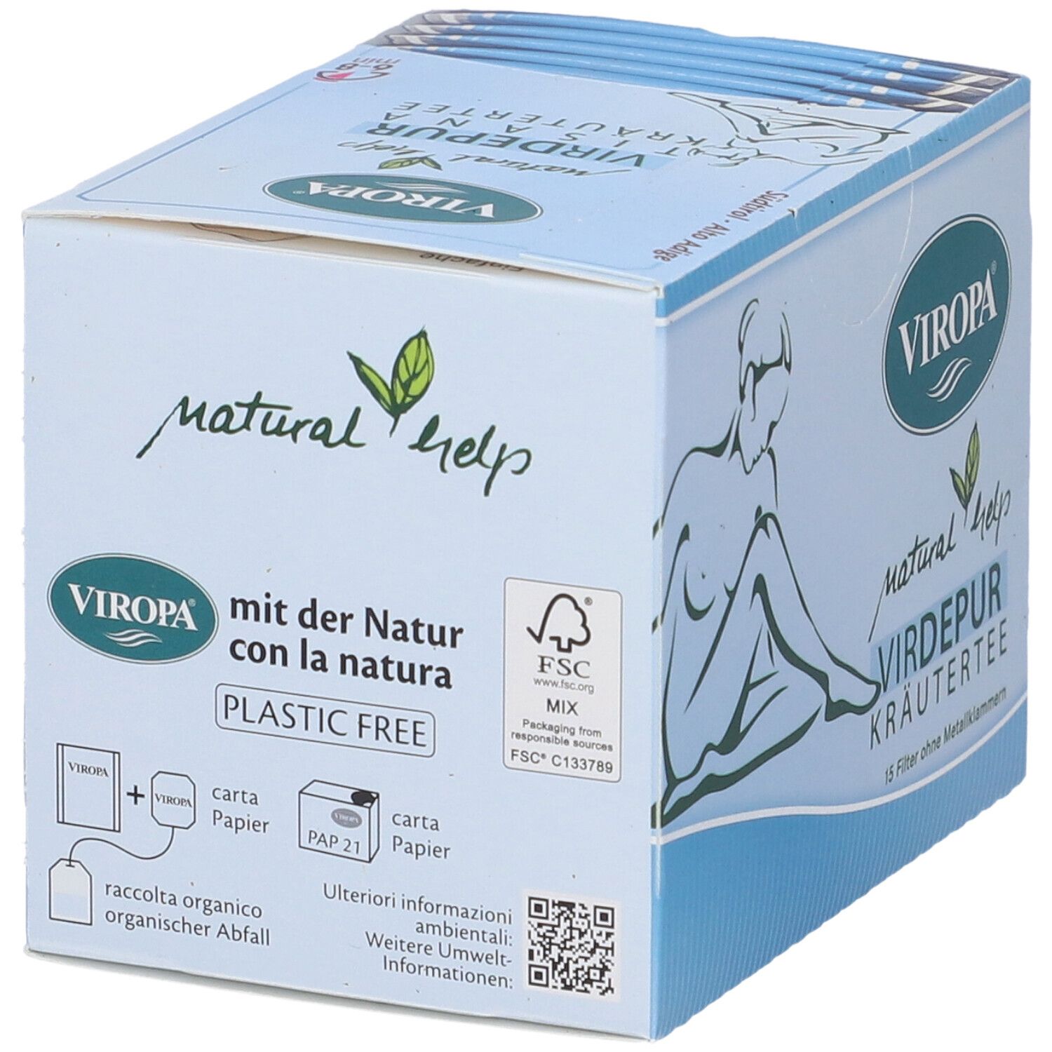 Scatola Viropa Nat Help Kräutertee. Scatola azzurra con logo, nome prodotto e certificazione FSC.