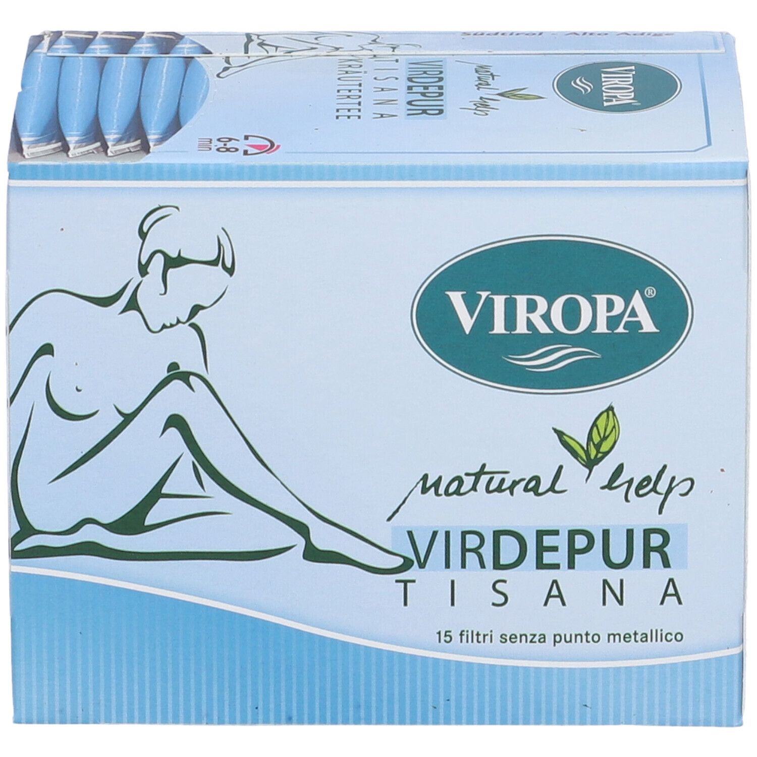 Scatola Viropa Nat Help Virdepur Tisana. Scatola azzurra con logo, nome prodotto e 15 filtri.