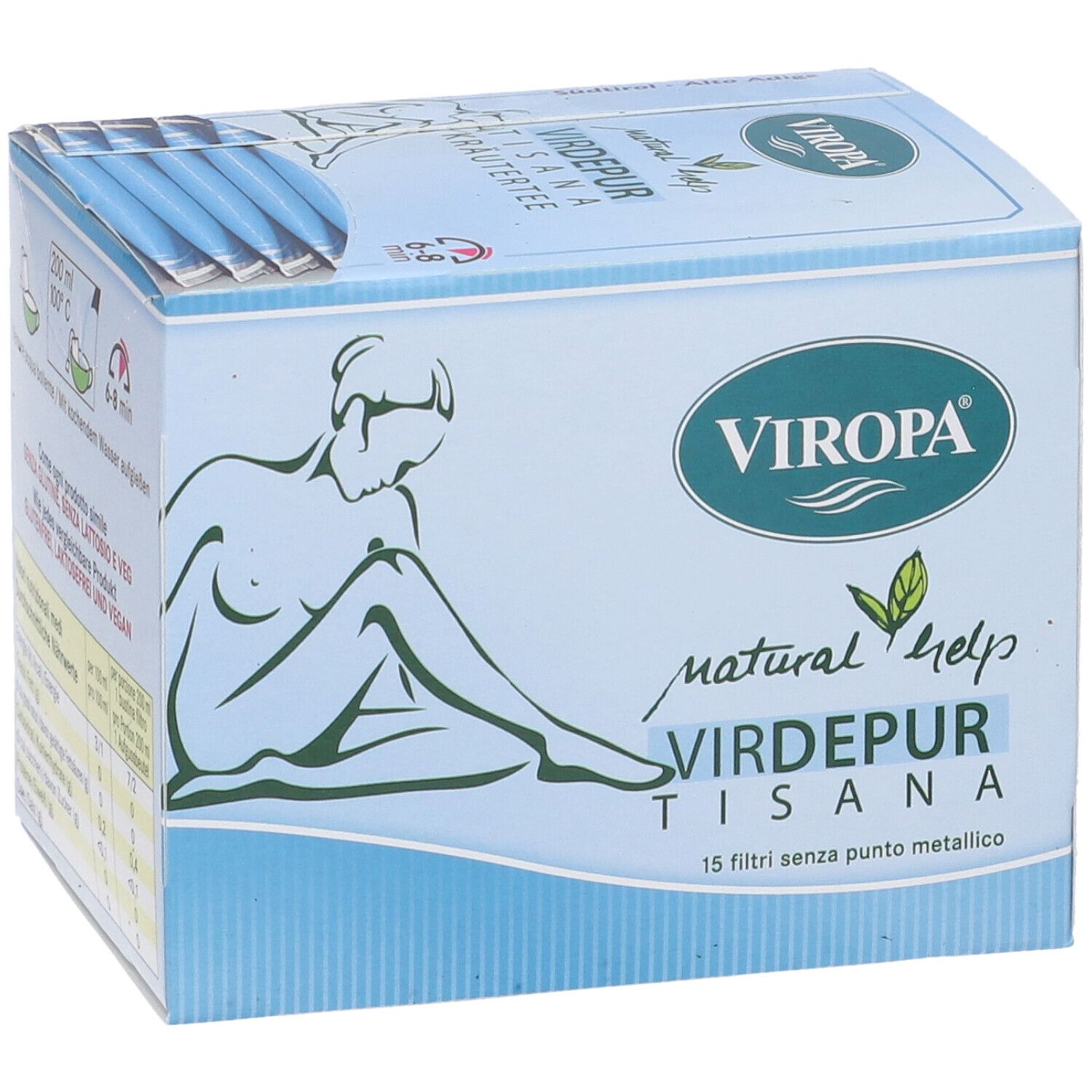 Scatola Viropa Nat Help Virdepur Tisana. Scatola azzurra con logo, nome prodotto e 15 filtri.
